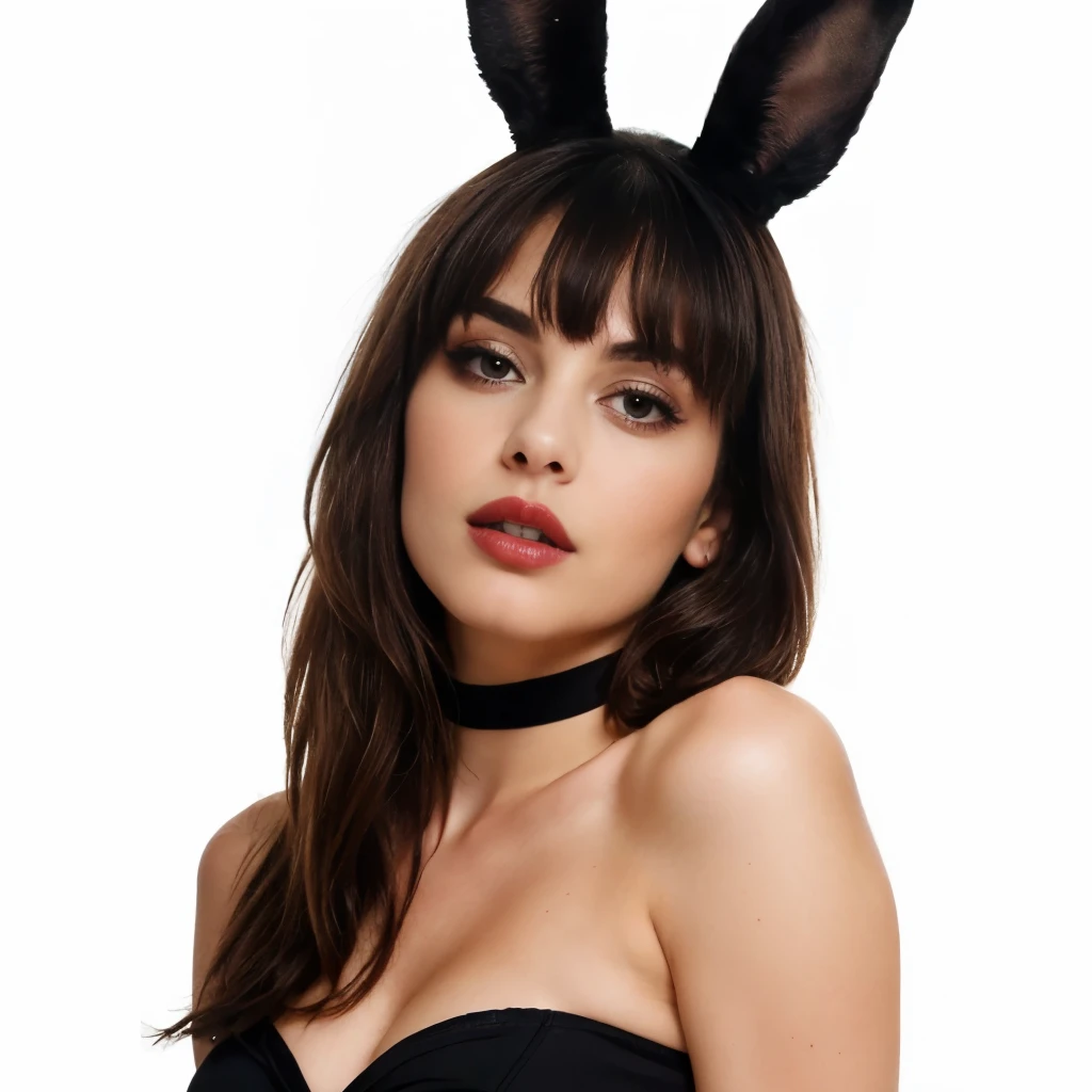 This image depicts a young woman with dark, shoulder-length hair, styled with blunt bangs that frame her face. She is wearing a pair of black bunny ears, adding a playful, seductive element to her appearance. The woman's makeup is expertly applied, with bold, dark brows, smoky eye makeup, and glossy, full lips painted in a deep red hue.
The woman's gaze is direct and captivating, her expression conveying a sense of confidence and allure. Her pose is accentuated by the fitted, strapless black top she is wearing, which draws attention to her curvaceous figure and décolletage. The crisp, white background allows the woman's striking features and styling to take center stage.
Overall, the image exudes a captivating, sultry atmosphere, with the woman's appearance and pose suggesting a blend of innocence and sensuality. The combination of her confident, seductive expression and the playful bunny ear accessory creates a visually intriguing and enticing narrative.
