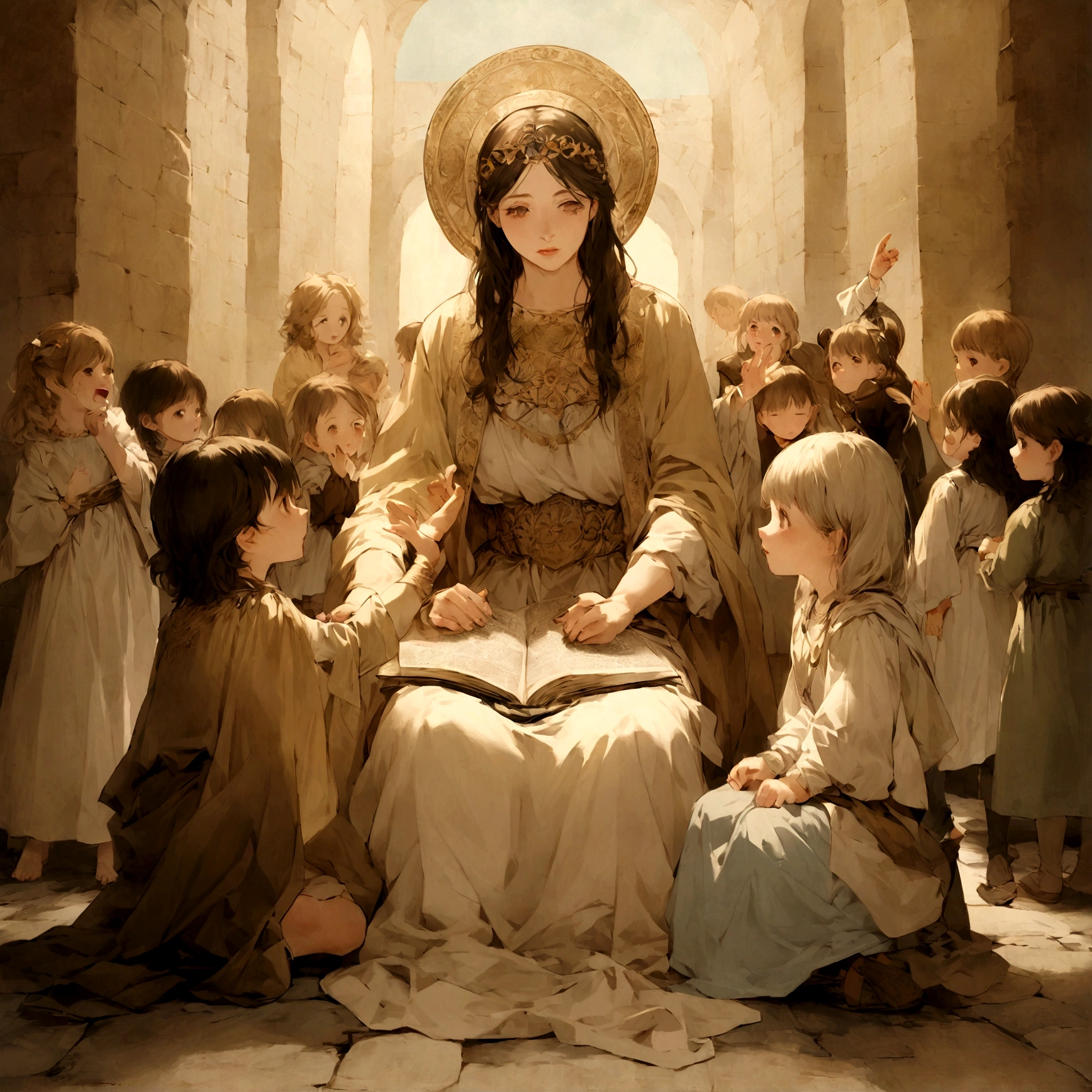 Por favor, Create an image of a woman and a man sitting on the floor, listening intently as Jesus tells them Bible stories. Children should be delighted and involved, looking at Jesus in awe as he shares the stories. Jesus may be seated or standing, wearing clothes from biblical times, with a soft and engaging expression. A cena deve transmitir a atmosfera de calma e aprendizado, with details that refer to the historical environment. Children's expressions should reflect joy and genuine interest in Jesus' words. Por favor, create this image to capture the timeless moment of teaching and connection between Jesus and children through the biblical stories."