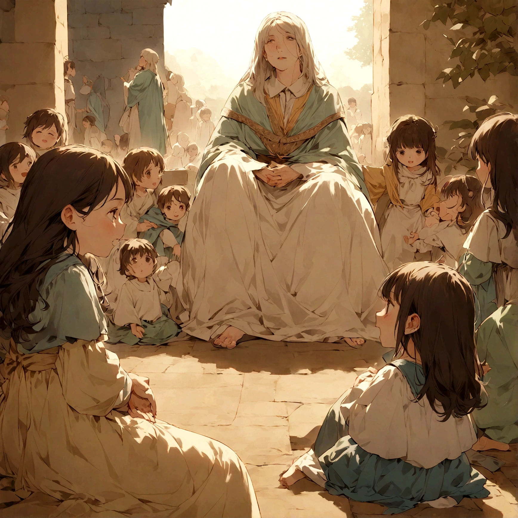 Por favor, Create an image of a woman and a man sitting on the floor, listening intently as Jesus tells them Bible stories. Children should be delighted and involved, looking at Jesus in awe as he shares the stories. Jesus may be seated or standing, wearing clothes from biblical times, with a soft and engaging expression. A cena deve transmitir a atmosfera de calma e aprendizado, with details that refer to the historical environment. Children's expressions should reflect joy and genuine interest in Jesus' words. Por favor, create this image to capture the timeless moment of teaching and connection between Jesus and children through the biblical stories."