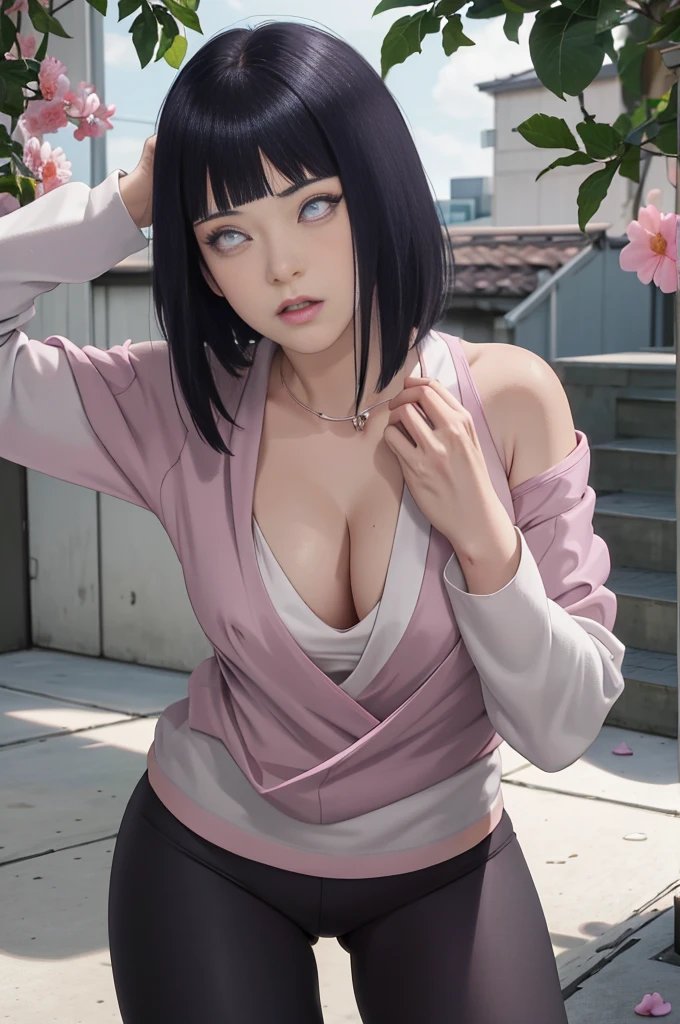 masterpiece, absurdres, hinata\(boruto\), 1girl, solo,mature female, tight t-shirt vneck, Longsleeve, cleavage, legging, yoga pants, looking at viewer, (falling petals), perfect composition, detailed lips, voluptuous, beautiful face, body propotion, blush, (pink lips), long hair, purple eyes, soft gaze, super realistic, detailed, photoshoot, realistic face and body, nipples, nude