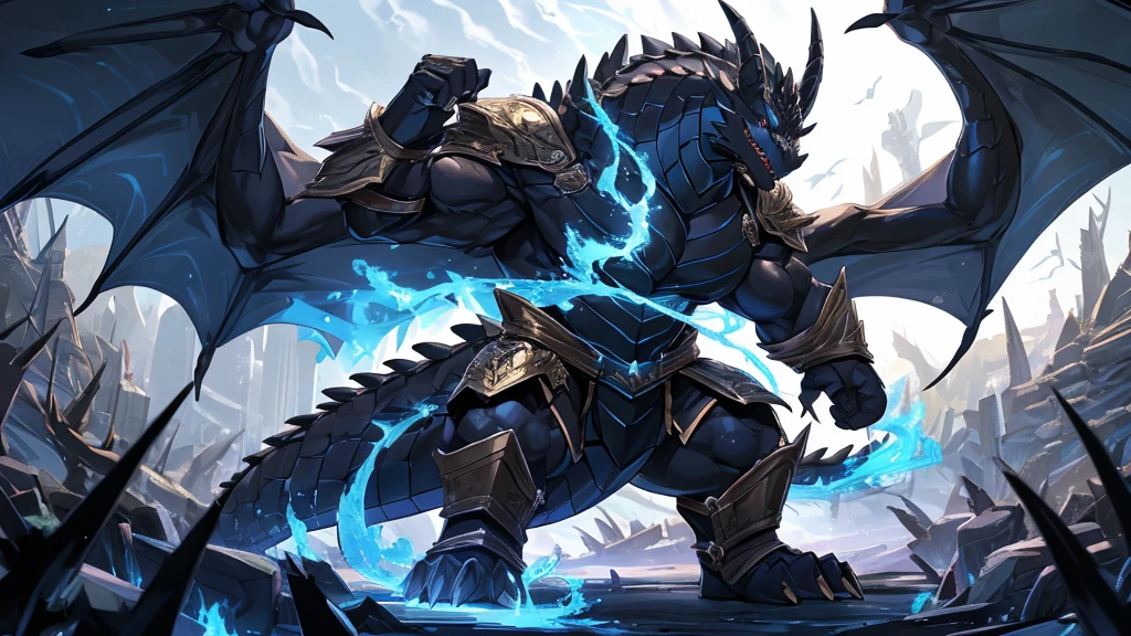 (The tyrannical and powerful Black Dragon King,Modern black and gold armor:2),(Large dragon body,Huge size,Majestic wingspan,Sharp thorns,Huge dragon claw,Huge paws,Thick dragon tail,The huge black dragon king,Black dragon:2),Strong physique,(Blue flame:2),Dragon Rider,Brutal Behemoth,Prostrate,war,Overwhelming presence,Full body picture,Very detailed,4k HD,HD Wallpapers