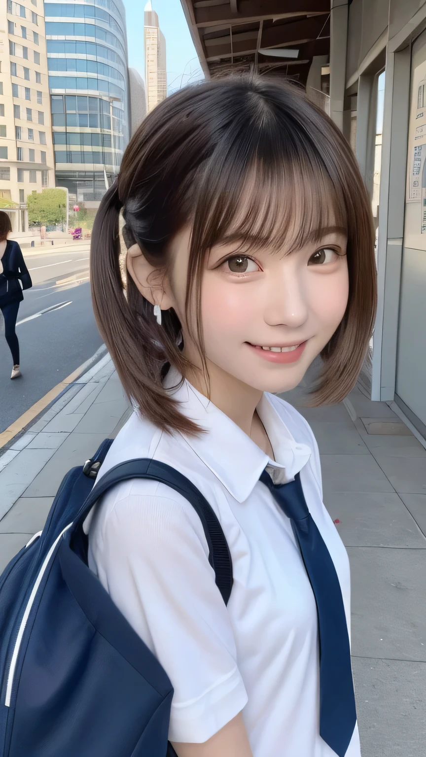 closeup shot , Best picture quality (8K, high resolution, Masterpiece: 1.2), super detailed, 215 Short Hair, 16-year-old woman,
situation: A scene of a high school girl on her way to school。
clothing: School uniform(Sailor suit or blazer)、loafers、rucksack。Hair in twin tails or half-up。
angle: With the sidewalk and station platform in the background、Shot from a little behind。Capture natural scenes of people walking around, looking at their smartphones or talking with friends。It's okay to take a close-up of the moment you get on the train.。
Close-up of face
, random cute pose ,big eyes ,Puffy eyes , Heart Pupil, blush , huge shy smile , salute
