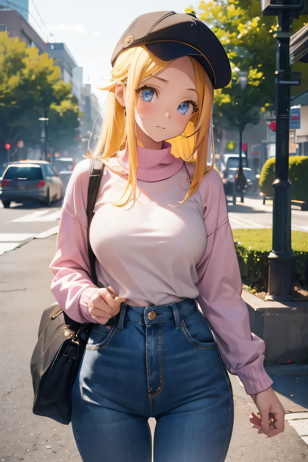 1 girl, single girl, cute, yellow hair, blue eyes, medium breasts, big hips, sweater, pink top, Patanlon baggy bluyin, black sports cap, college girl