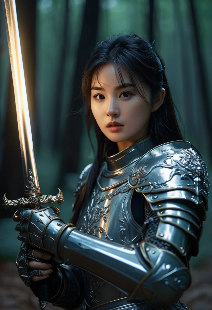 best quality, 8k, very delicate and beautiful, highly detailed face and skin texture, shiny skin, high resolution, cute asian girl in armor holds a sword in her hand in forest at night, sharp focus