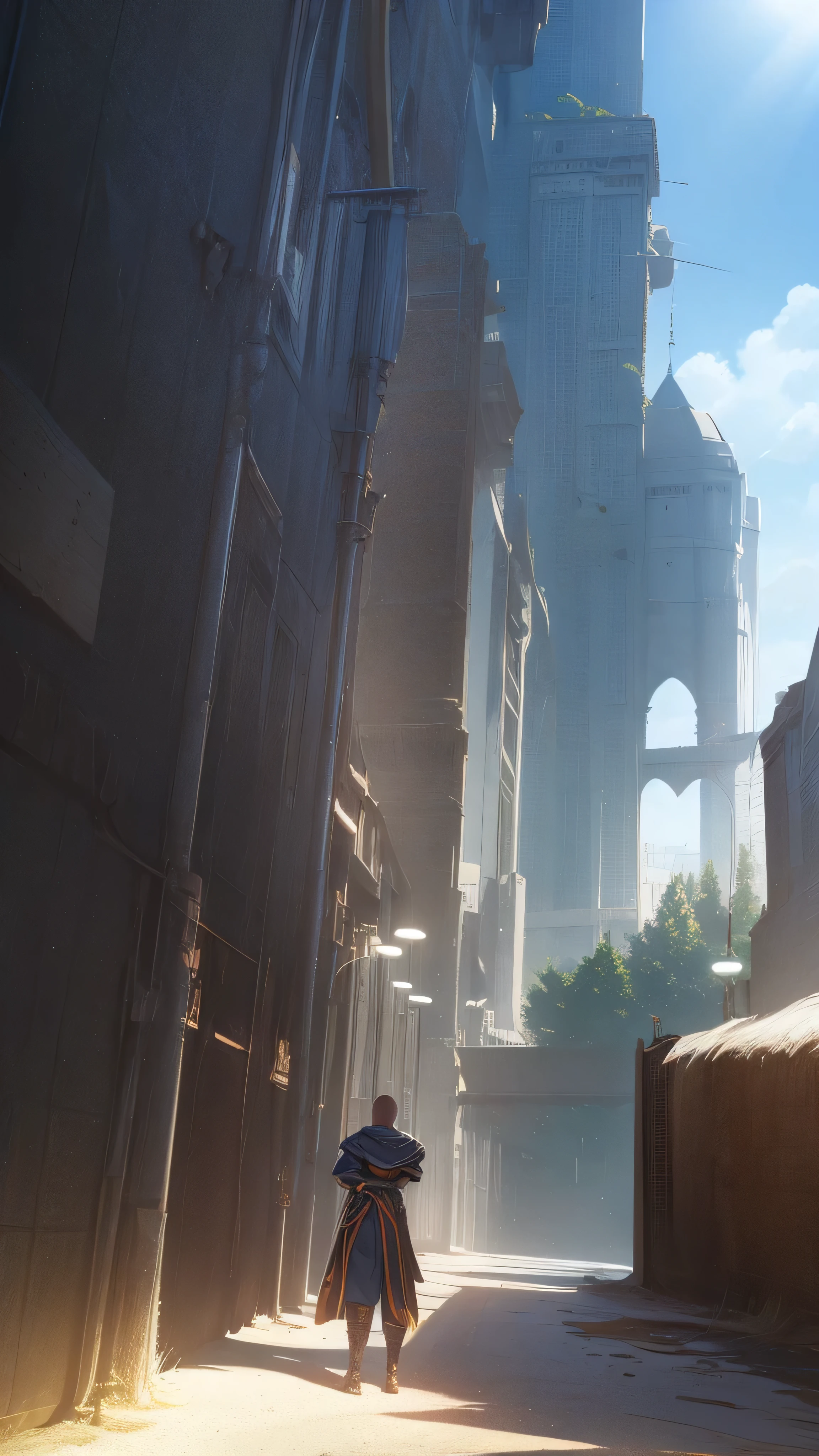 Anime-inspired Male Investigator, floating in the air, exhibits a round physique, adorned with curly hairstyle mimicking a bald individual, under a radiant, sun-drenched sky. The scene is enhanced by caustics, creating a dynamic interplay of light and shadow. The composition resembles League of Legends splash art, currently trending on ArtStation.