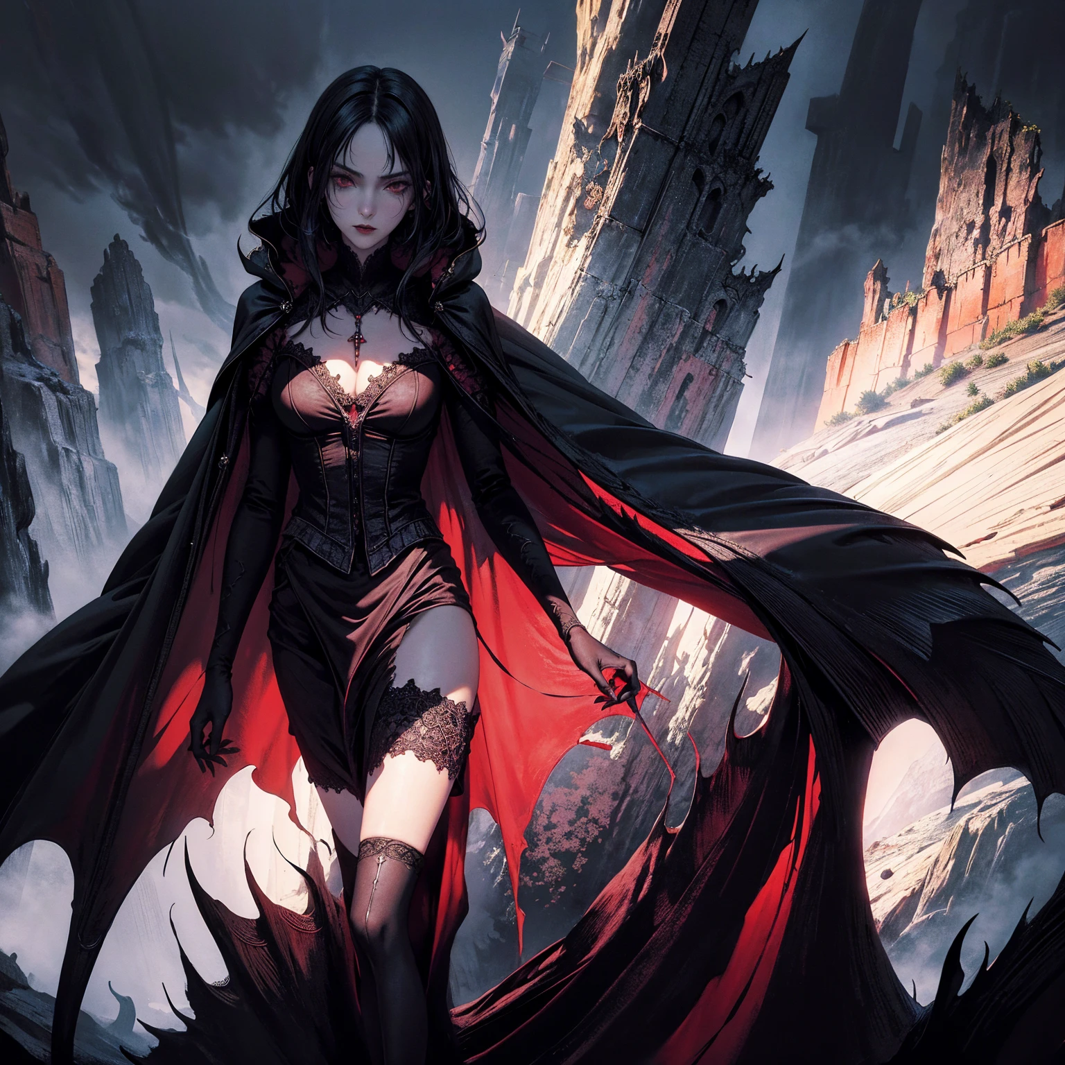 best quality, 4k, high resolution, masterpiece:1.2, Very detailed, actual:1.37, Mood lighting, Vampire girl in cloak, Wearing a tight gothic skirt that shows a little skin above the chest, Dangerous sneer, Black Hair, Stand sideways, Crucified, Pitch black sky, Red Moonlight, strange atmosphere, Gothic style, Unforgettable beauty, Dramatic shadows, Ethereal Light, Mysterious atmosphere.