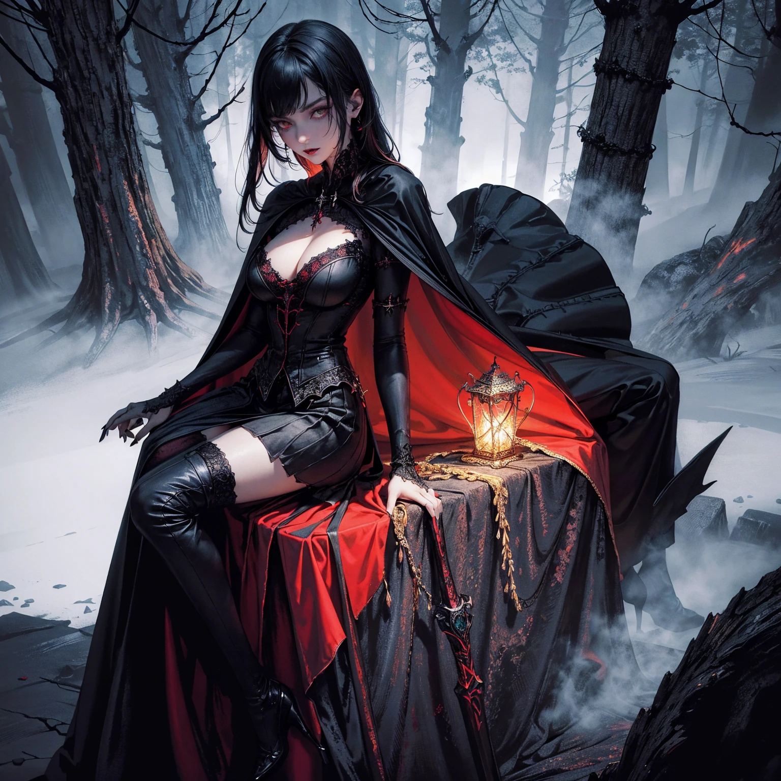 best quality, 4k, high resolution, masterpiece:1.2, Very detailed, actual:1.37, Mood lighting, Vampire girl in cloak, Wearing a tight gothic skirt that shows a little skin above the chest, Dangerous sneer, Black Hair, Stand sideways, Crucified, Pitch black sky, Red Moonlight, strange atmosphere, Gothic style, Unforgettable beauty, Dramatic shadows, Ethereal Light, Mysterious atmosphere.