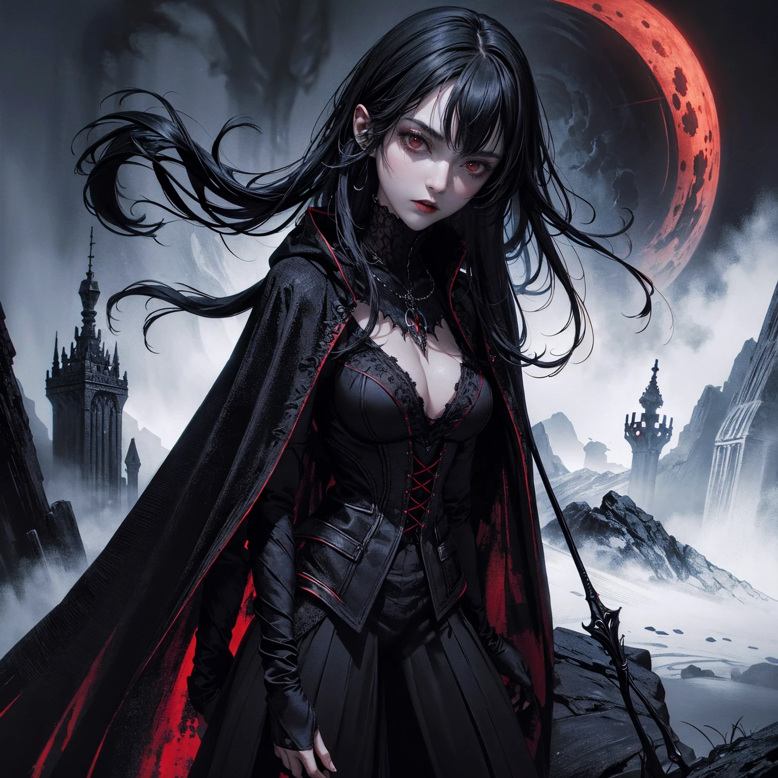 best quality, 4k, high resolution, masterpiece:1.2, Very detailed, actual:1.37, Mood lighting, Vampire girl in cloak, Wearing a tight gothic skirt that shows a little skin above the chest, Dangerous sneer, Black Hair, Stand sideways, Crucified, Pitch black sky, Red Moonlight, strange atmosphere, Gothic style, Unforgettable beauty, Dramatic shadows, Ethereal Light, Mysterious atmosphere.
