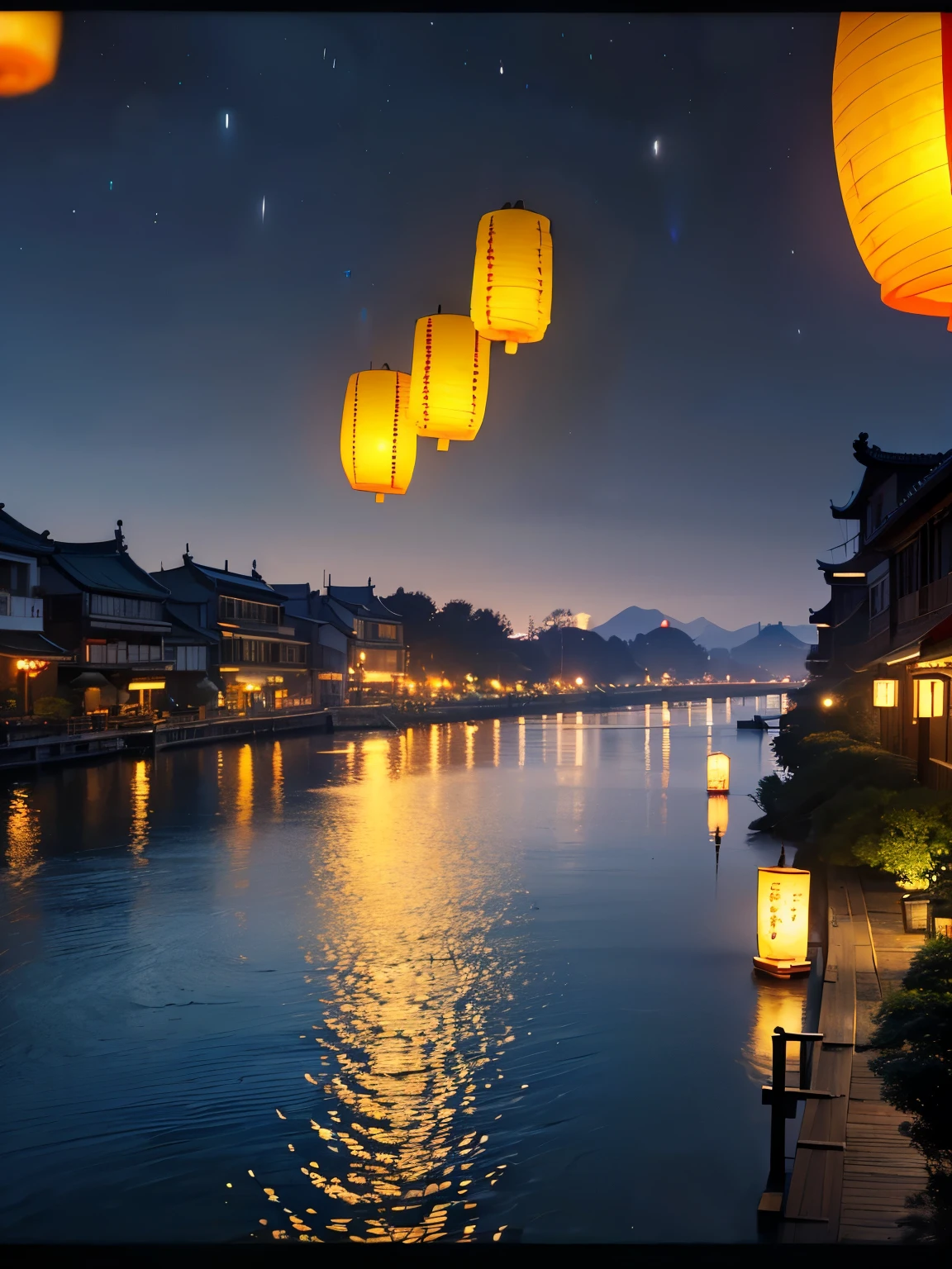 (8K, highest quality, masterpiece),(Realistic, RAW Photos, Super Fine Clear), Realistic Light, Lantern Festival in Tainan, no peoples, lake side, traditional chinese wooden buildings, (fly many lanterns into the night sky:1.2)