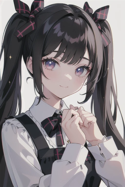 (best quality, masterpiece:1.1), close up,     (1female),  ,black hair, long hair, twintails hair,        long sleeves, sparkle, collar, plaid, ribbon, hair bow, plaid dress,（Chuckle Smile:1.8）