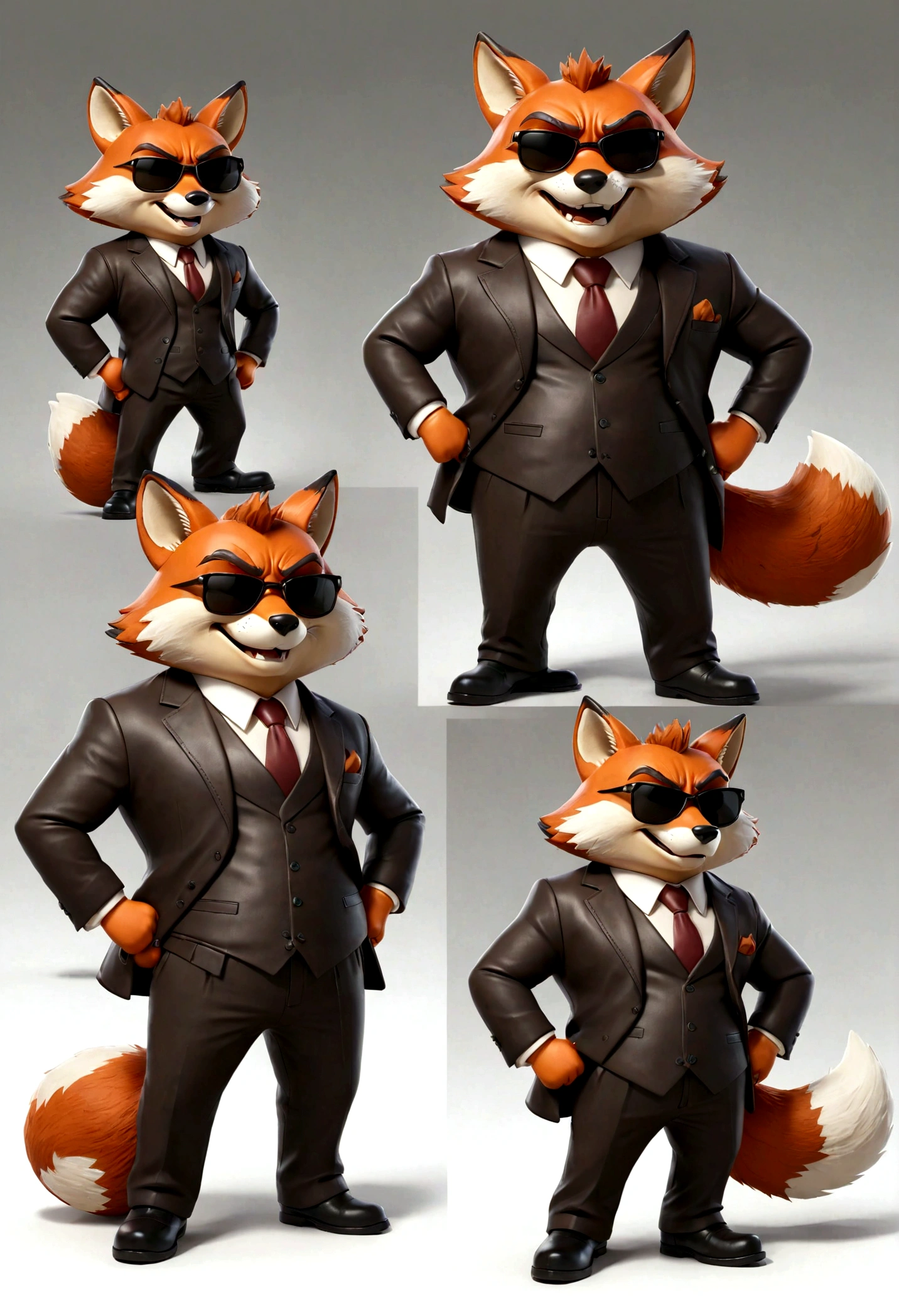 fox old big belly boss, Men's 2 Piece Suit, cartoon fox character, leather jacket, mafia, multiple poses and expressions, 4 poses, cool face, full body, simple, artist, full color, 3d model, light and shadow, suit clothes, boss, flat color, white background, black sunglasses