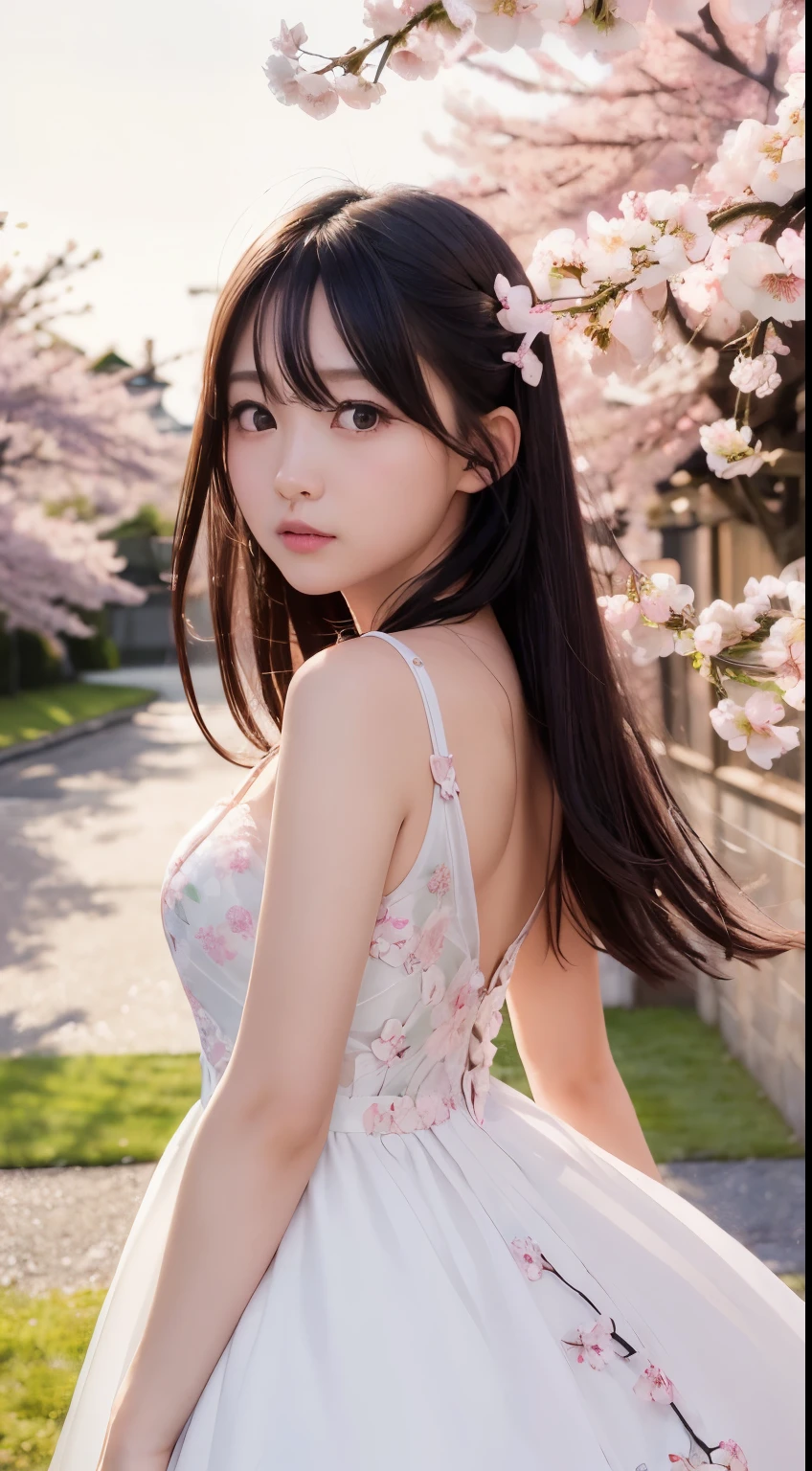 (logo、masterpiece、8k、Tabletop、RAW Photos、wonderful、最high quality、フォトリアリスティックでVery detailedな CG 統合 8k 壁紙、high quality、Very detailed、Narrative poem、Particle Effects、Dynamic Effects、Written boundary depth、Cinematic Light、Lens flare、Ray Tracing)、Fantasy、 (1 Beauty、dress、dress、Cherry blossom pattern、Black-haired、Beautiful Face、True Face、Beautiful details、eye、Beautiful Skin)、髪がWindで踊る、Hair flutters in Wind、Hair bounces、Pink cherry blossom tree、Petals flutter、SakuraFubuki、wonderful景色、Morning Glow、Sun in the background、Wind、