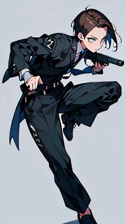 bedazzling eye, exposed ,Forehead , green_eye, Brown Hair、Short Hair、,Boy pose fighting with a gun, have, , Have, White shirt、tie、Black slacks、white background, full body