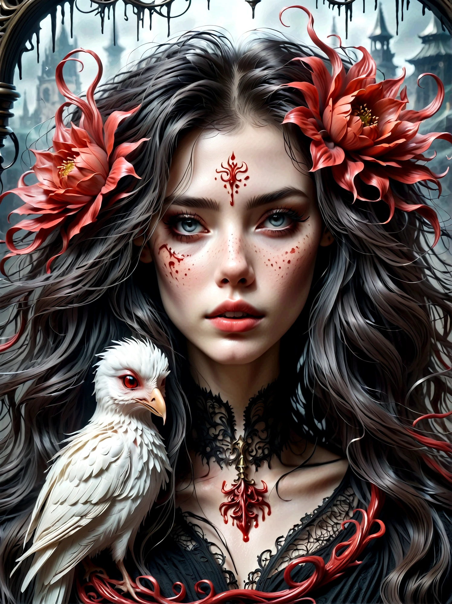 Bloody Cthulhu,Flower of the other shore is charming,Mysterious Manzhu Shahua,hell门口盛开的血色鬼花,Blood-red tentacles guide the souls of the past,charm,Flirtatious,Strange,Gothic style,hell,Fantastic Creatures,Devilish scenery,Unforgettable environment,hell般的气氛,Wonderful lighting,Vibrant colors,Surrealism,Distorted anatomy,Nightmare Creatures,Glowing eyes,Strange形状