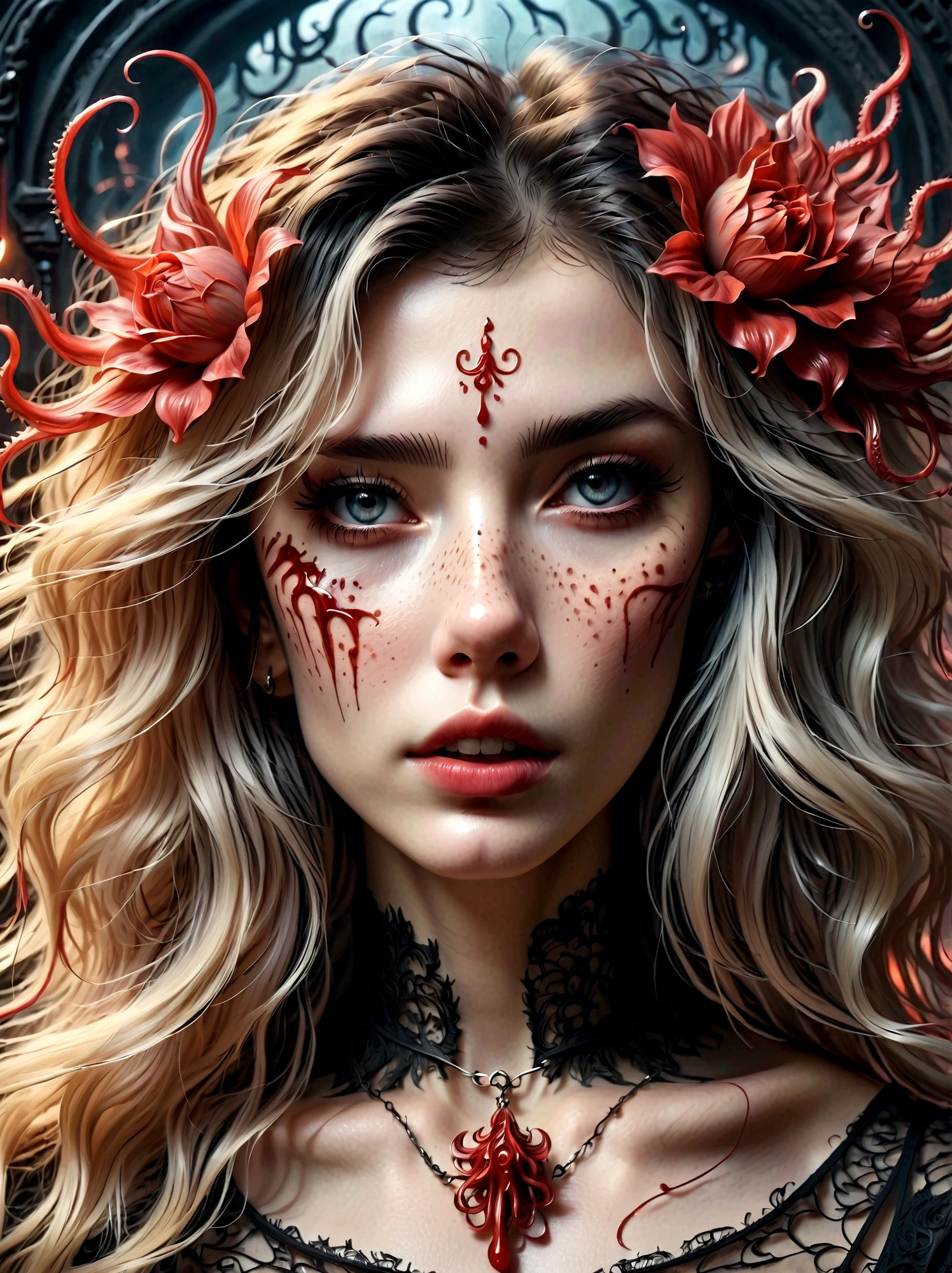 Bloody Cthulhu,Flower of the other shore is charming,Mysterious Manzhu Shahua,hell门口盛开的血色鬼花,Blood-red tentacles guide the souls of the past,charm,Flirtatious,Strange,Gothic style,hell,Fantastic Creatures,Devilish scenery,Unforgettable environment,hell般的气氛,Wonderful lighting,Vibrant colors,Surrealism,Distorted anatomy,Nightmare Creatures,Glowing eyes,Strange形状