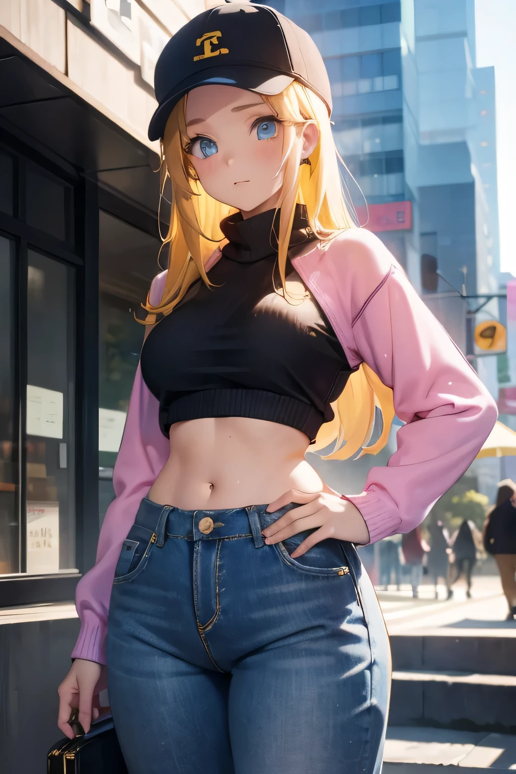1 girl, single girl, cute, yellow hair, blue eyes, medium breasts, big hips, sweater, pink top, Patanlon baggy bluyin, black sports cap, college girl