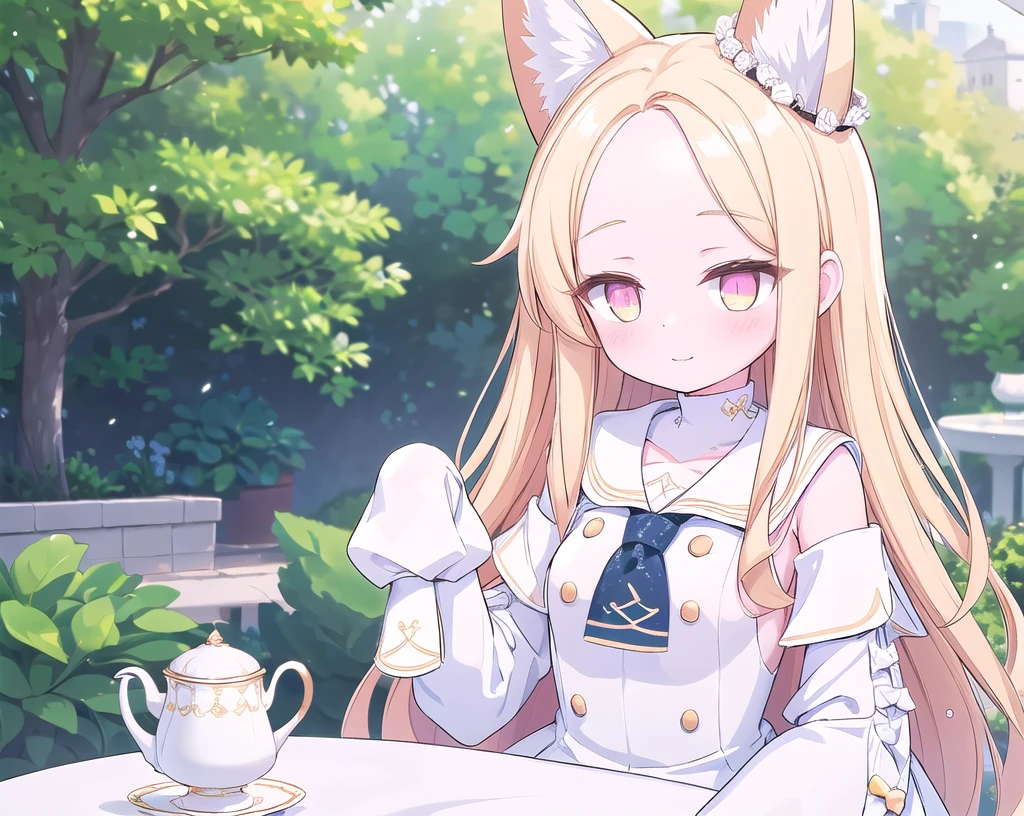 yurizon seia,White frilled dress, white sailor collar, sleeves past the wrist,Very detailed, Absurd, Ultra-high resolution, Very detailed, highest quality,
One Girl,Nice hands, Perfect hands,break,Beautiful garden,White table,Small breasts,Tea cup,Happy expression