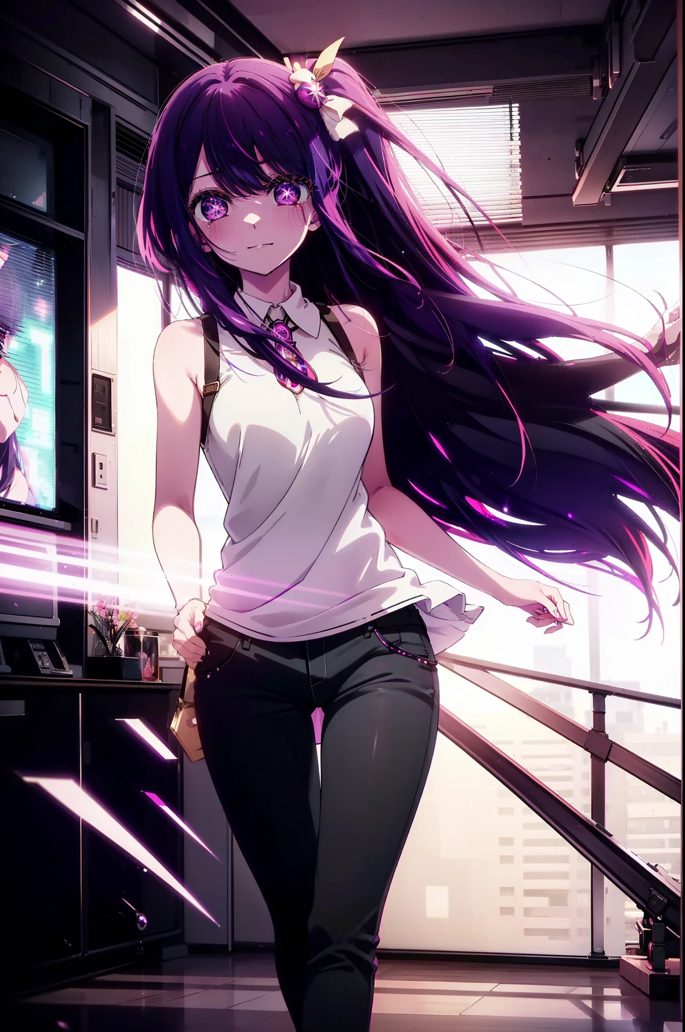 aihoshino, Ai Hoshino, Long Hair, bangs, (Purple eyes:1.1), Purple Hair, (Symbol-shaped pupil:1.5), 
happy smile, smile, Open your mouth,one side up, hair ornaments, Hair Ribbon, Sleeveless dress,black skinny pants,Stiletto heels,walking,whole bodyがイラストに入るように,Daytime,Clear skies,
break indoors, office,
break looking at viewer, whole body,
break (masterpiece:1.2), highest quality, High resolution, unity 8k wallpaper, (figure:0.8), (Beautiful fine details:1.6), Highly detailed face, Perfect lighting, Highly detailed CG, (Perfect hands, Perfect Anatomy),