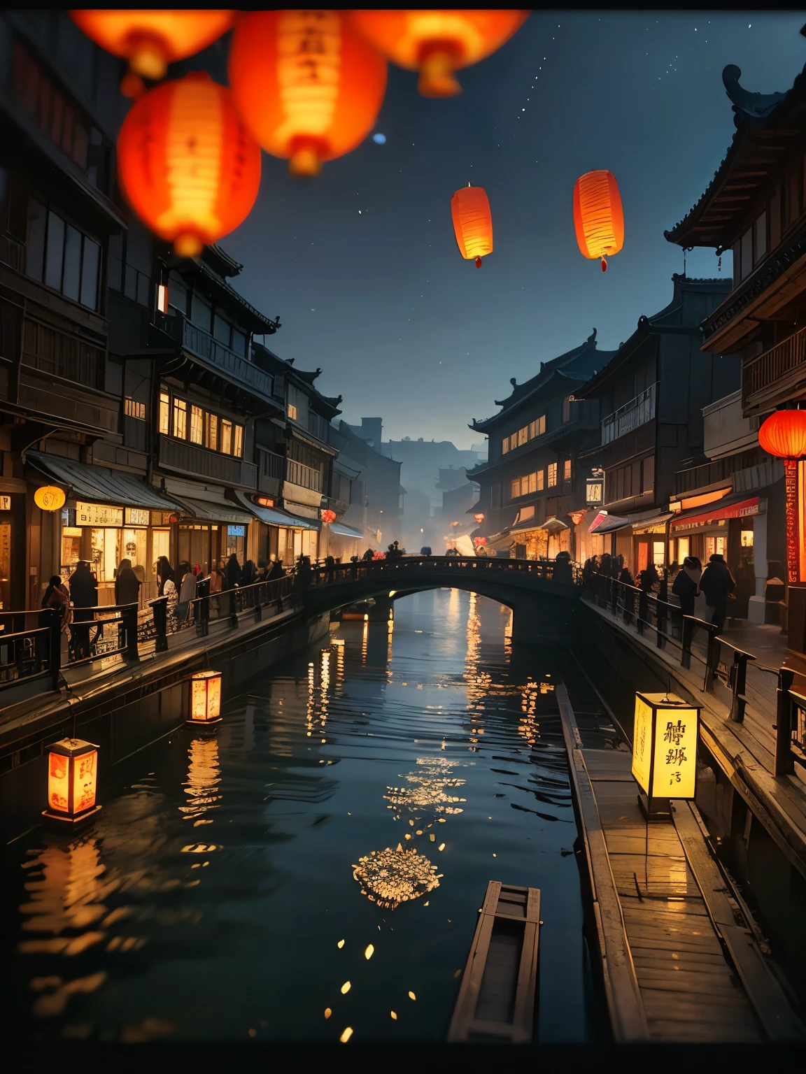 (8K, highest quality, masterpiece)，(Realistic, RAW Photos, Super Fine Clear), Realistic Light, Lantern Festival in Tainan, no peoples, lake side, traditional chinese wooden buildings, (fly many lanterns into the night sky:1.2)