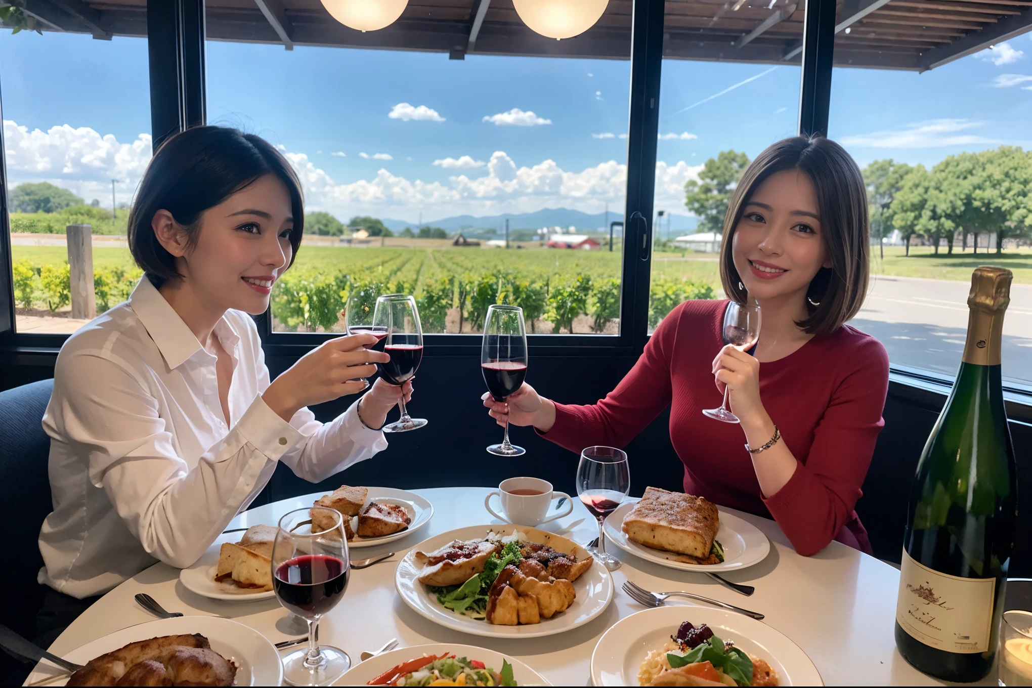 ((highest quality、8k、masterpiece:1.3))、1 male、1 female、A lover who resembles Satomi Ishihara、Beautiful couple、smile、full-course dinner、 (Slim face), (the body is スリム), (Brown Hair), (short hair), テーブルの上のwine glass、Please shine a light on my face、 Amazing view of the sunset sky and clouds、 (Age 43), 48 years old, red wine 、Appetizers、Italian food、Wine bottle、Champagne、sparkling wine、Long sleeve shirt、dress、White wine, red wine, wine glass,
