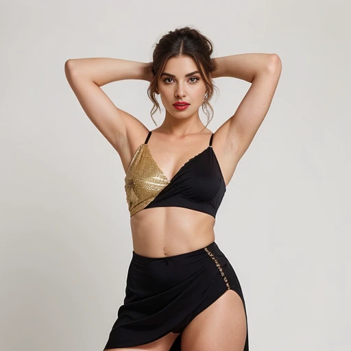 The image captures a striking and alluring woman in a bold, fashion-forward ensemble. Her dark, sleek hair is styled in a sophisticated updo, drawing attention to her striking facial features. The woman's makeup is expertly applied, with a bold, red lip and subtly contoured cheekbones that accentuate her striking bone structure.

The focal point of the image is the woman's attire - a shimmering, gold-patterned bralette-style top that showcases her toned midriff, paired with a vibrant, fuchsia-colored draped fabric that frames her upper body. The combination of the embellished top and the rich, luxurious fabric creates a visually captivating and glamorous look.

The woman's pose is confident and alluring, with one arm raised and the other resting on her hip, drawing the viewer's eye to her striking silhouette. Her gaze is direct and engaging, conveying a sense of poise and self-assurance.

The overall impression is one of high-fashion elegance, with the woman's styling and pose evoking a sense of sophistication and sensuality. The neutral grey background allows the woman's striking appearance and stylish ensemble to take center stage, creating a visually impactful and captivating image.