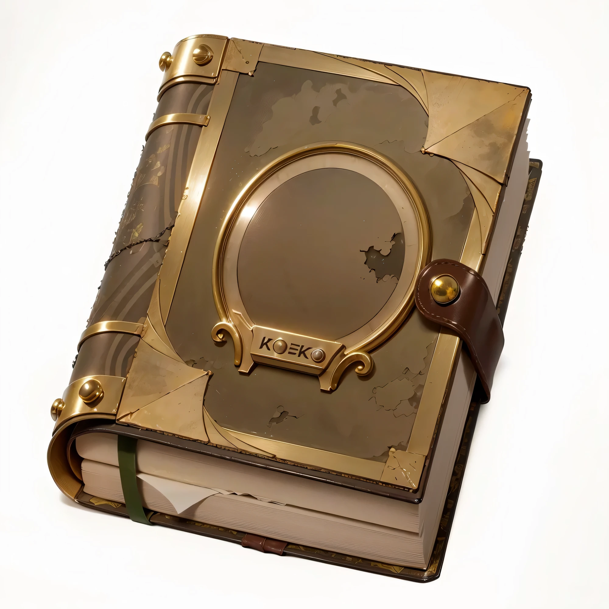 Masterpiece, the best quality, official art, extremely detailed CG unified 8k wallpaper, highly detailed, upper left light source, Meixuan quality, with warmth and cooling, to open up the relationship between distance and distance,Thick Metal,Dilapidated traces,Metal,Book buckle,Worn-out paper,Magic book,Pattern,Green ribbon,leather