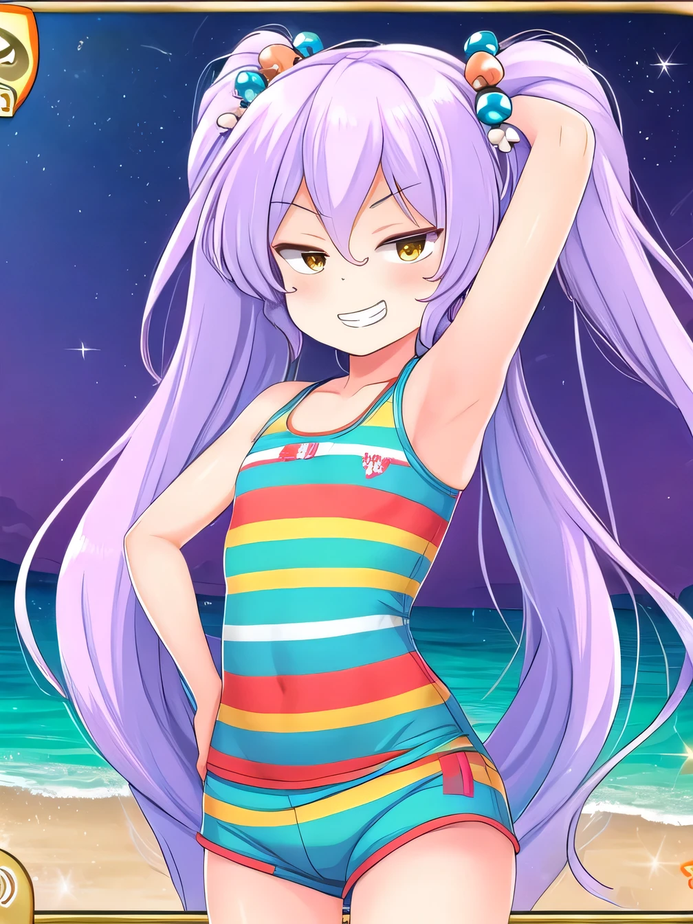 himejimakinoko, solo, 1girl, light purple hair, twintails, hair bobbles, polka dot, very long hair, yellow eyes, white shirt, striped shorts, flat chest, high quality, solo, night sky, beach, arm behind head, hand on hip, contrapposto, closed mouth, spread armpits, upper body, looking at viewer, grin, best quality,