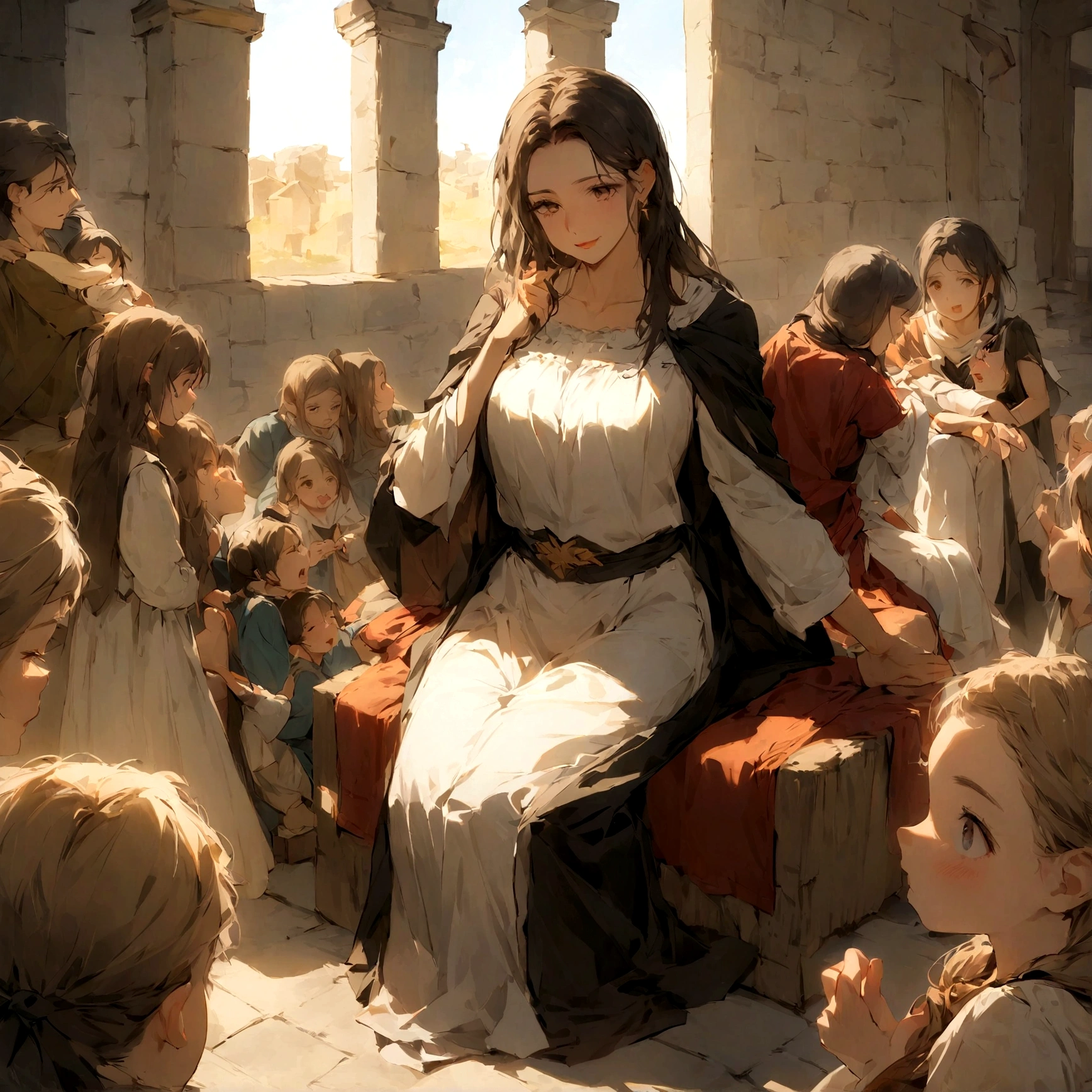 Por favor, Create an image of a woman and a man sitting on the floor, listening intently as Jesus tells them Bible stories. man and woomen should be delighted and involved,  with a soft and engaging expression. A cena deve transmitir a atmosfera de calma e aprendizado, with details that refer to the historical environment.Por favor, create this image to capture the timeless moment of teaching and connection between Jesus and children through the biblical stories."