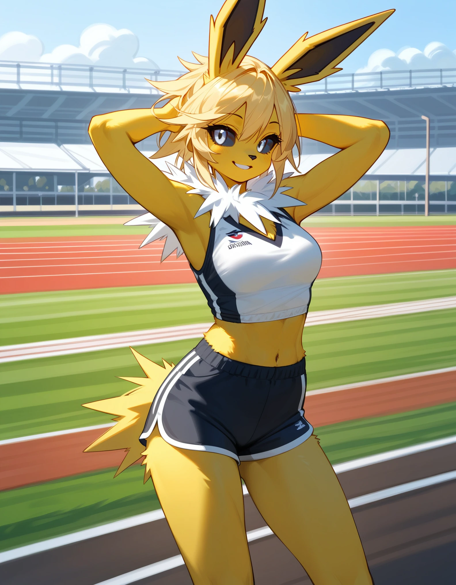 score_9,score_8_up,score_7_up, anthro furry female jolteon pokemon, black sclera, white eyes, wearing white athletic top and shorts, casual pose, tall and slender, outdoors on a track and field track, sunny day, smiling, hands behind her head, standing, big smile