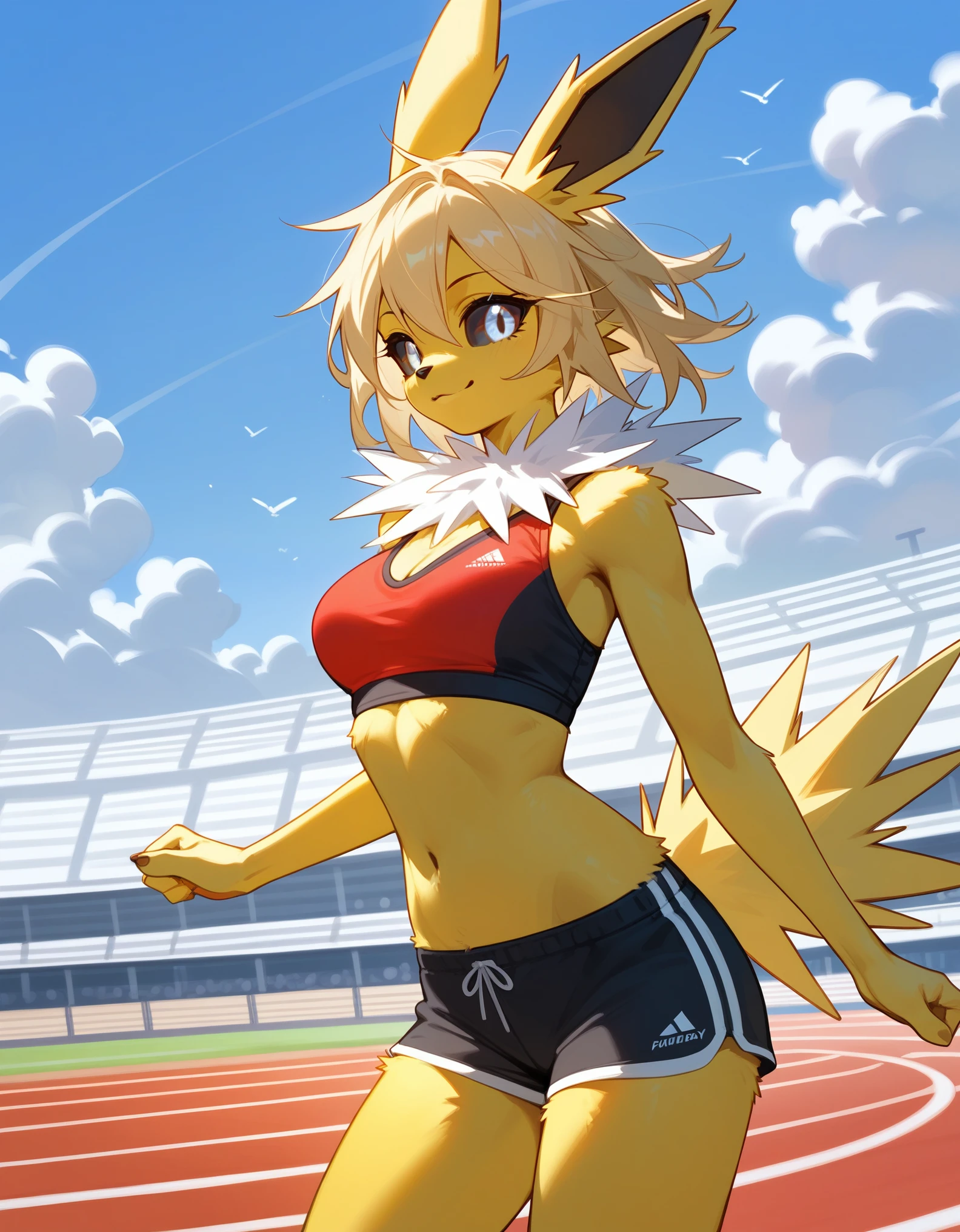score_9,score_8_up,score_7_up, anthro furry female jolteon pokemon, black sclera, white eyes, wearing white athletic top and shorts, casual pose, tall and slender, outdoors on a track and field track, sunny day, smiling, hands behind her head, standing, big smile
