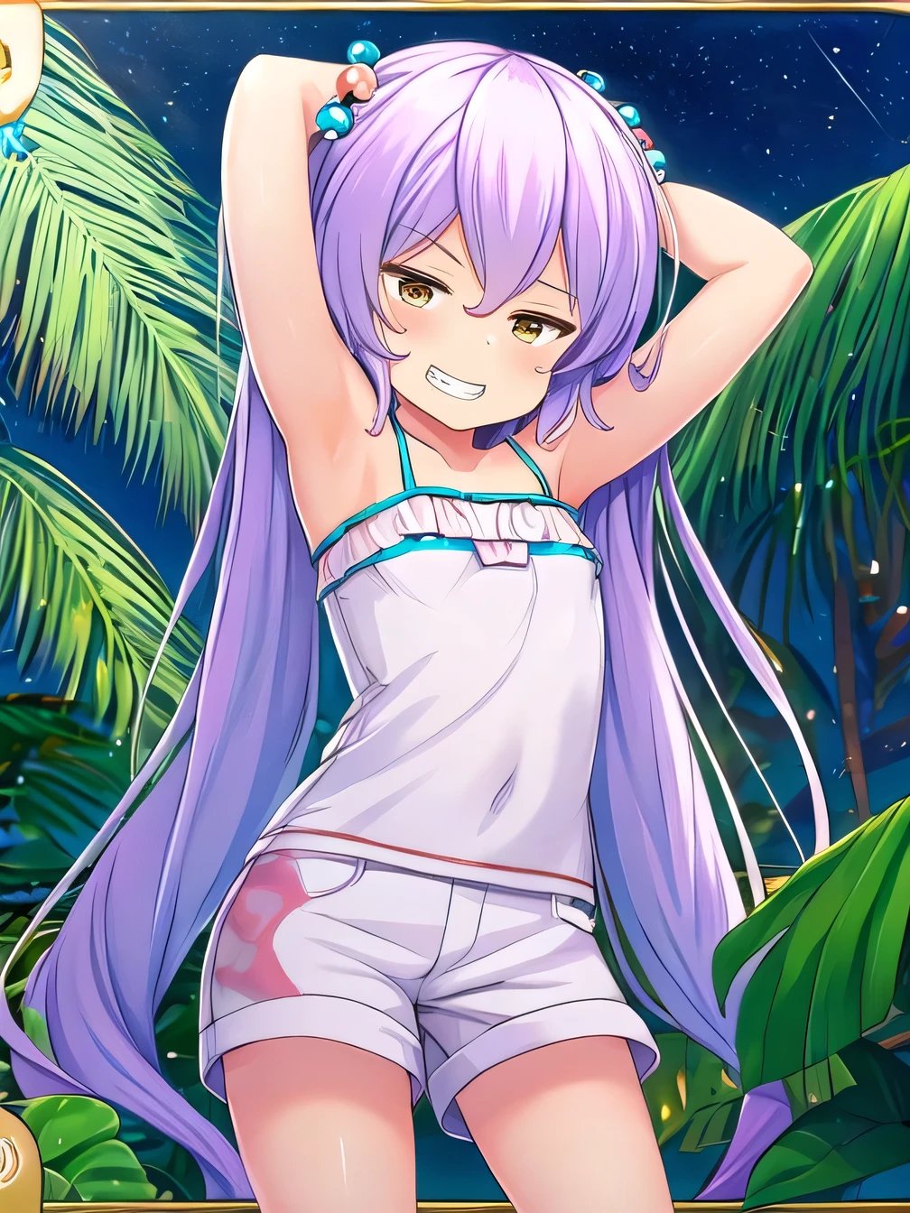 himejimakinoko, solo, 1girl, light purple hair, twintails, hair bobbles, polka dot, very long hair, yellow eyes, white shirt, striped shorts, flat chest, high quality, solo, night sky, beach, arm behind head, hand on hip, contrapposto, closed mouth, spread armpits, (cowboy shot:1.5), looking at viewer, grin, best quality,