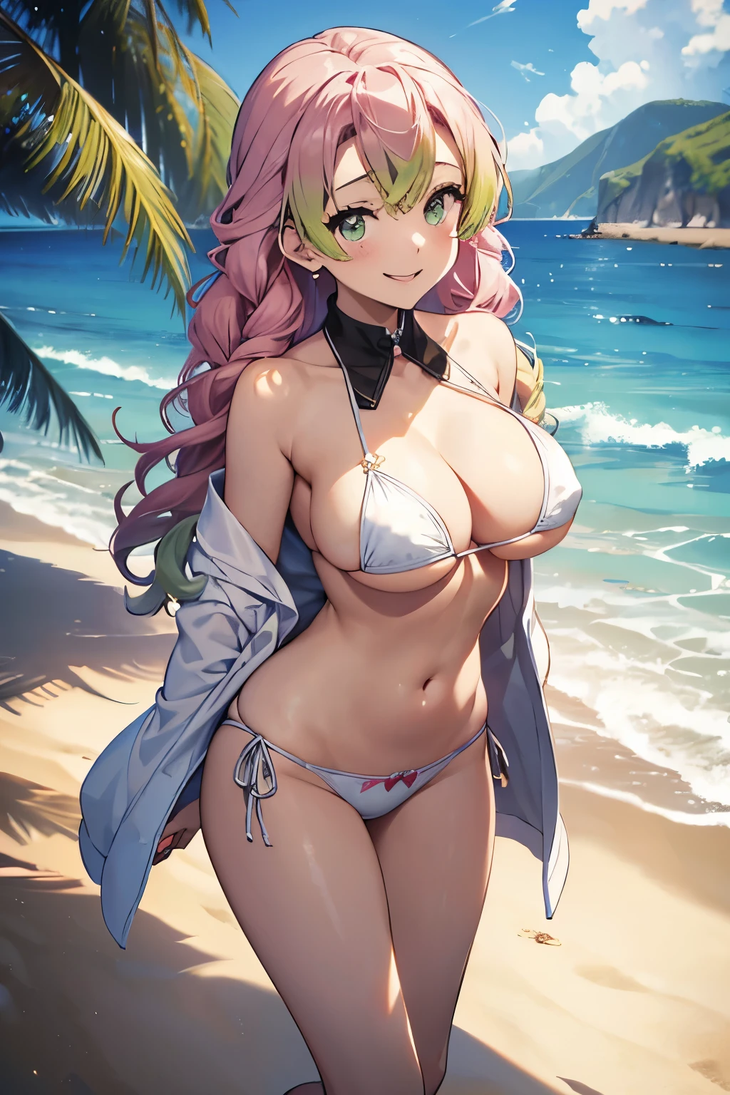 (8K、masterpiece、Highly detailed background、high resolution)、(mitsuri kanroji)、Cleavage、(beach、White Bikini、Gravure pose、Embarrassed smile、Nipple protrusion)