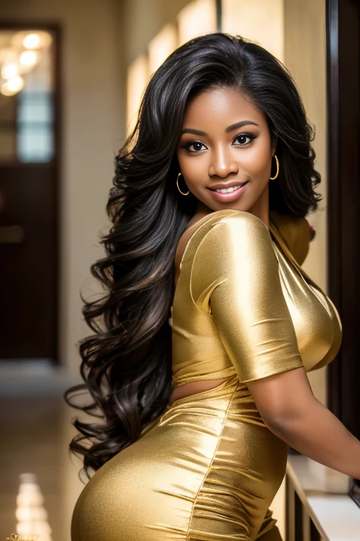 ((best quality)), ((masterpiece)), (detailed), 8k resolution, 1girl, stunning beauty, model, perfect face, long black flowing beautiful hair down to her butt, extra long flowing hair, ebony, mature african american female, 35yo, ultra sexy, a slender body, flowing silky satin gown, curvy body, voluptuous, (A hyper-realistic), (high resolution), (highly detailed), (beautiful detailed eyes), (ultra-detailed), (Natural smile), detailed face, bright lighting, professional lighting, facing forward