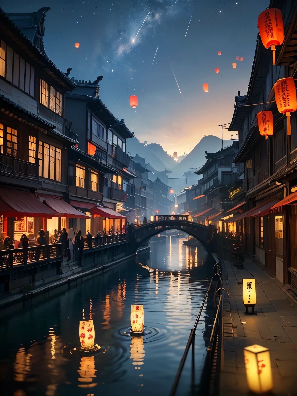 (8K, highest quality, masterpiece)，(Realistic, RAW Photos, Super Fine Clear), Realistic Light, Lantern Festival in Tainan, no peoples, lake side, traditional chinese wooden buildings, (fly many lanterns into the night sky:1.2)