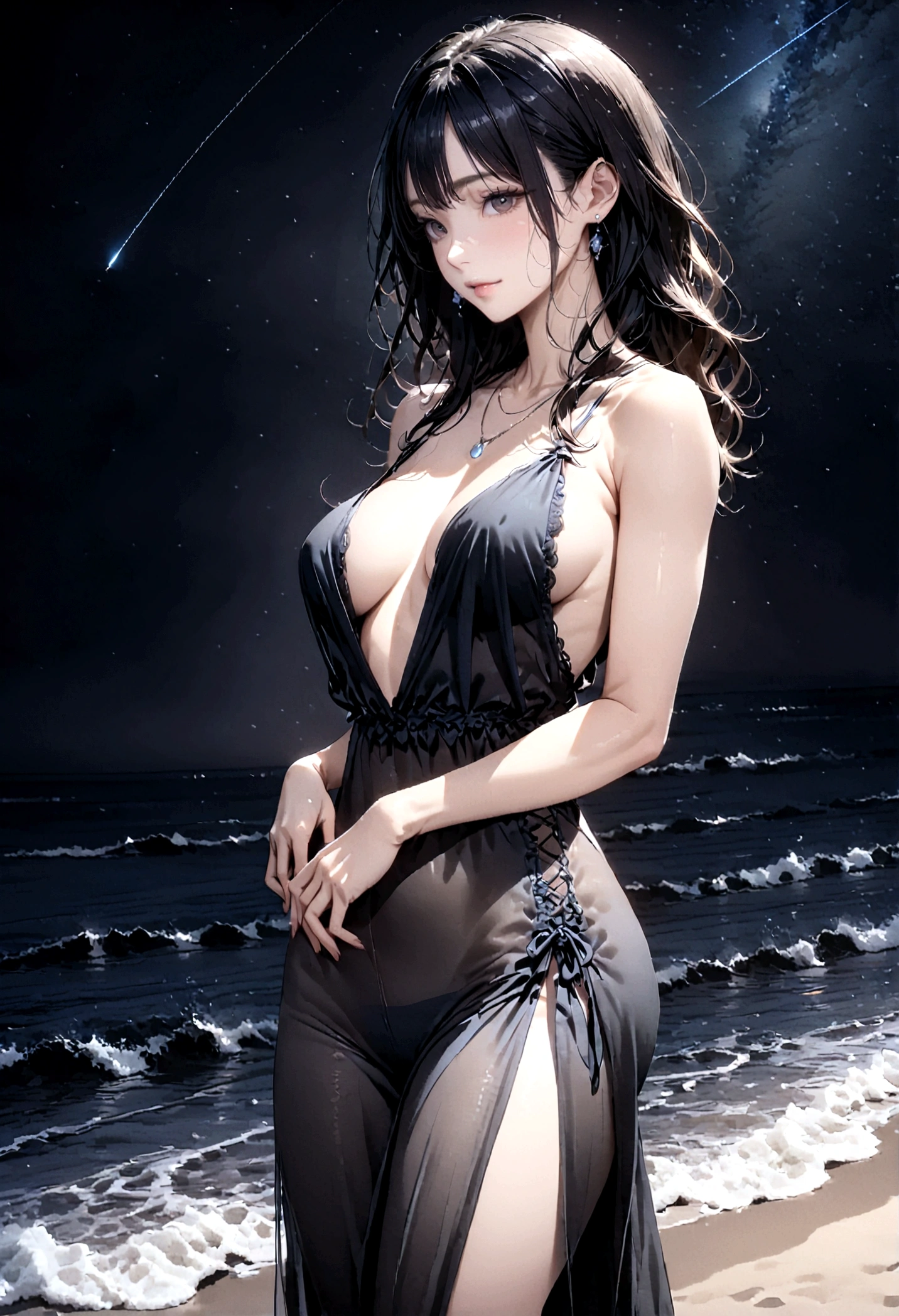 8k, masterpiece, RAW Photos, highest quality, Realistic, Very detailed, Depth of written boundary, Cinematic Light, Anatomically correct body, 
One beautiful 40 year old woman, Very beautiful face, Exquisitely detailed face, (A calm and gentle face:1.4), Very delicate skin texture, Transparent muscle, Shiny white skin, Glamorous Body, 
(Wavy black long hair:1.2), Sexy Breasts, Sexy ass, 
(See-through slit long dress:1.2), (Detailed cloth texture:1.2), (Gorgeous necklace:1.1), (Gorgeous earrings:1.1), 
(Dark starry background:1.4), (Milky Way:1.1), (milky way:1.1), (shooting star:1.1), (Dark coastline at night:1.4), (Pitch black sea surface:1.4), 
(Standing on the beach:1.2), 