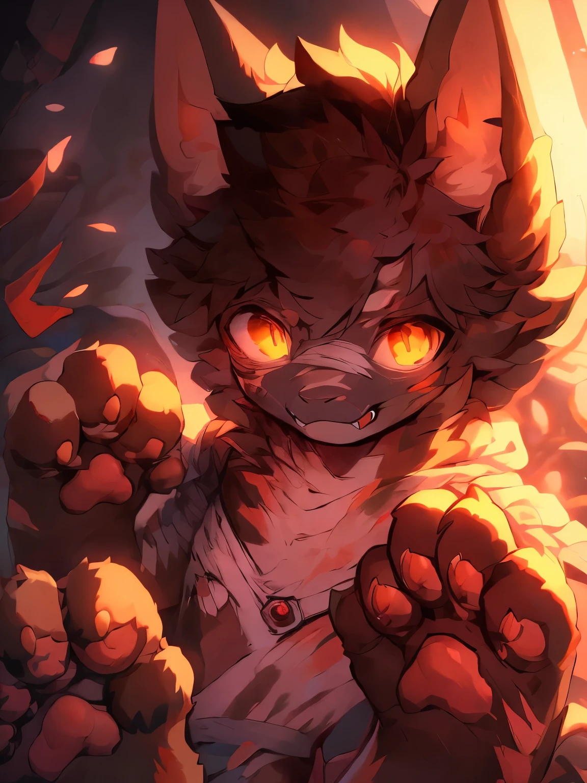 masterpiece, best quality, soft light, Intricate details, Soft lines, 16K,modern war, my own, toy doll,Wolf Boy,Shota,hero,Both,hero Bothe,Anubis, wounds,Sharp fangs,Paw pads,wounds,Dirty bandages,Plush paw,Paw pads