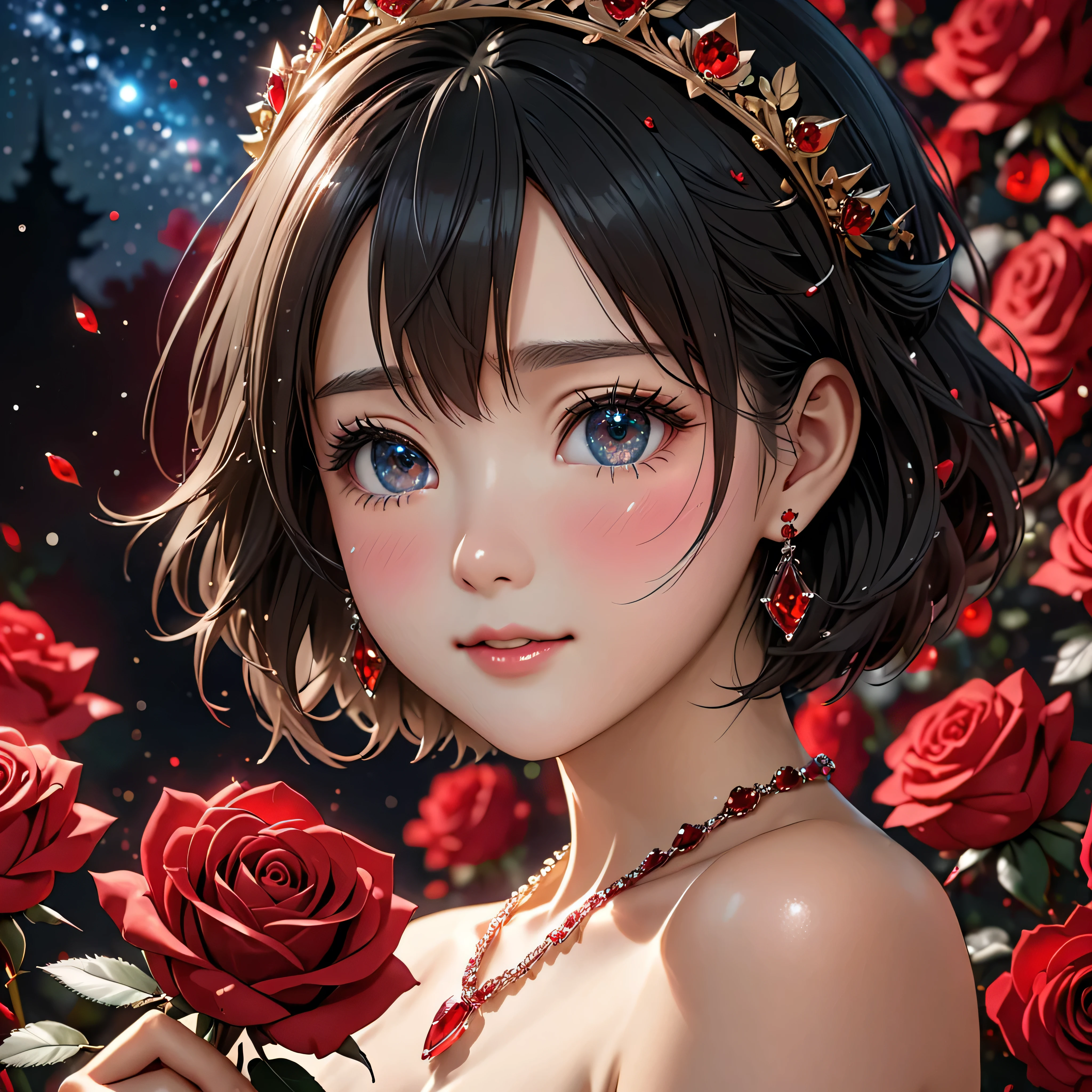 National Science Foundation,masterpiece,High resolution,8K,Art,digit,Three-dimensional,Realism,Kyoto Animation Style,your name movie style,cute,baby face,look into camera,Complex red rose flower background,(1 female: 1.3),(alone: 1.4),(Upper body nudity),Gorgeous red crystal crown,Red crystal necklace,red crystal earrings,Red crystal ring,Hand holding bouquet of black roses,Long eyelashes,Long thin legs,Short Bob,Close-up of upper body,Close-up,Close up,Starry sky at night,Eyes as deep as the starry sky,blush,shy,Crying because of happiness
