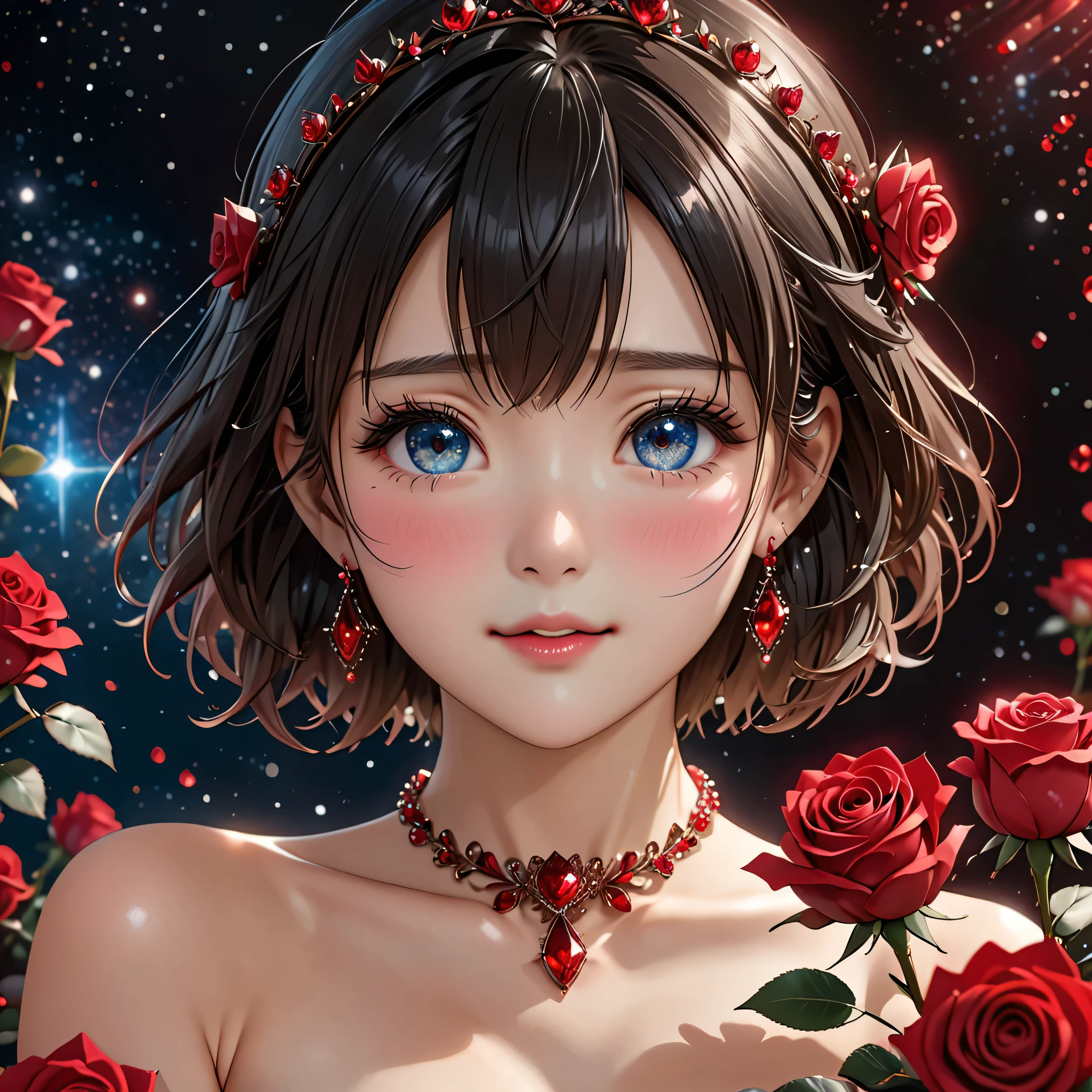 National Science Foundation,masterpiece,High resolution,8K,Art,digit,Three-dimensional,Realism,Kyoto Animation Style,your name movie style,cute,baby face,look into camera,Complex red rose flower background,(1 female: 1.3),(alone: 1.4),(Upper body nudity),Gorgeous red crystal crown,Red crystal necklace,red crystal earrings,Red crystal ring,Hand holding bouquet of black roses,Long eyelashes,Long thin legs,Short Bob,Close-up of upper body,Close-up,Close up,Starry sky at night,Eyes as deep as the starry sky,blush,shy,Crying because of happiness