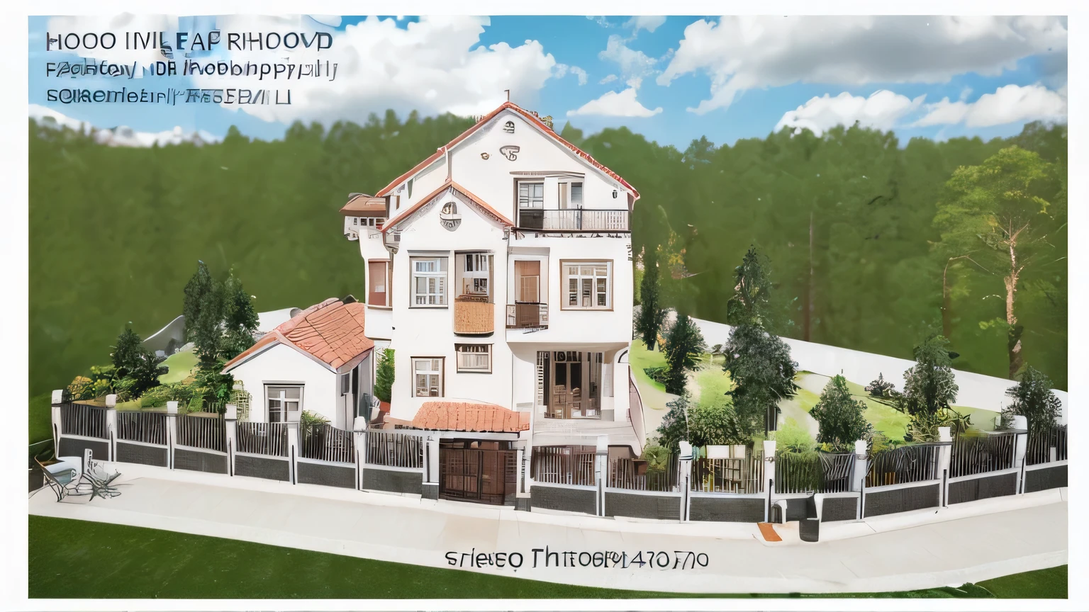 Villa in city ,close houses and trees), slope_roof , tile_roof ,daylight ( best quality) ((high solution)) ,(( photo realistic)) ,warm light,  soft lighting, warm atmosphere,high Resolution, hyper detailed,4k ,vray render, octane render, hyper realistic, photography expert ,exterior design , professional photography, exterior photography,wide-angle shot , ultra detail , high Resolution , full frame, full body