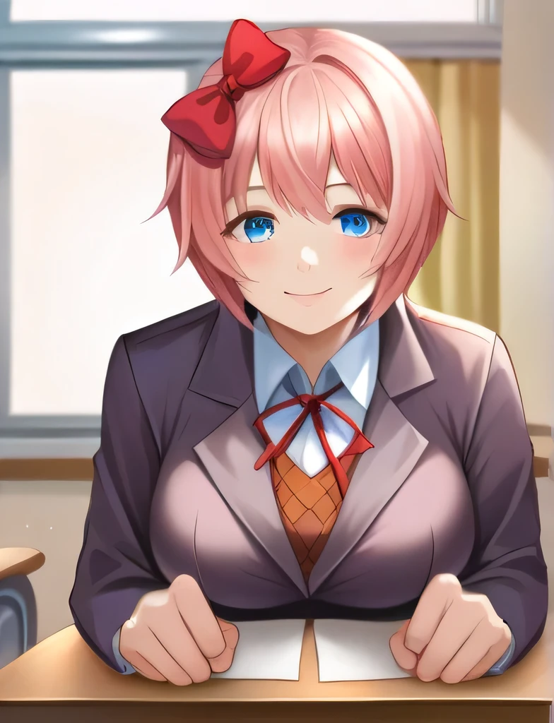 a beautiful girl in a , blue collared shirt, blue skirt, black blazer, light smile, in a classroom setting, full body shot, detailed facial features, detailed eyes, anime art style, highly detailed, 8k, photorealistic, cinematic lighting, warm color tones, sayori, blue eyes, short hair, red bow, big breast 