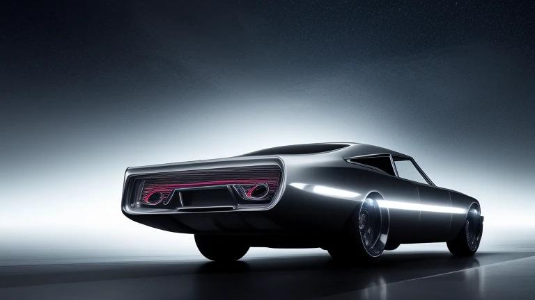 1960s luxury sedan, rear view, futuristic fantasy, epic sci-fi scene, intricate detailed design, glossy metallic body, glistening chrome accents, dramatic lighting, moody atmosphere, cinematic composition, photorealistic rendering, masterpiece, (best quality,8k,highres,masterpiece:1.2),ultra-detailed,(realistic,photorealistic,photo-realistic:1.37),cinematic lighting,dramatic shadows,volumetric fog,glowing energy field,gleaming chrome,aerodynamic body,intricate details,sleek and stylish