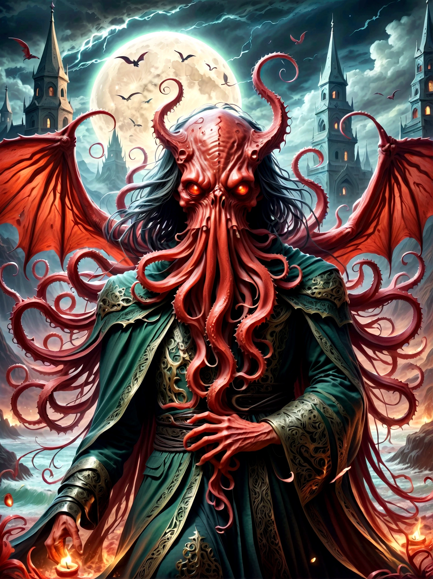 Bloody Cthulhu,Flower of the other shore is charming,Mysterious Manzhu Shahua,hell门口盛开的血色鬼花,Blood-red tentacles guide the souls of the past,charm,Flirtatious,Strange,Gothic style,hell,Fantastic Creatures,Devilish scenery,Unforgettable environment,hell般的气氛,Wonderful lighting,Vibrant colors,Surrealism,Distorted anatomy,Nightmare Creatures,Glowing eyes,Strange形状