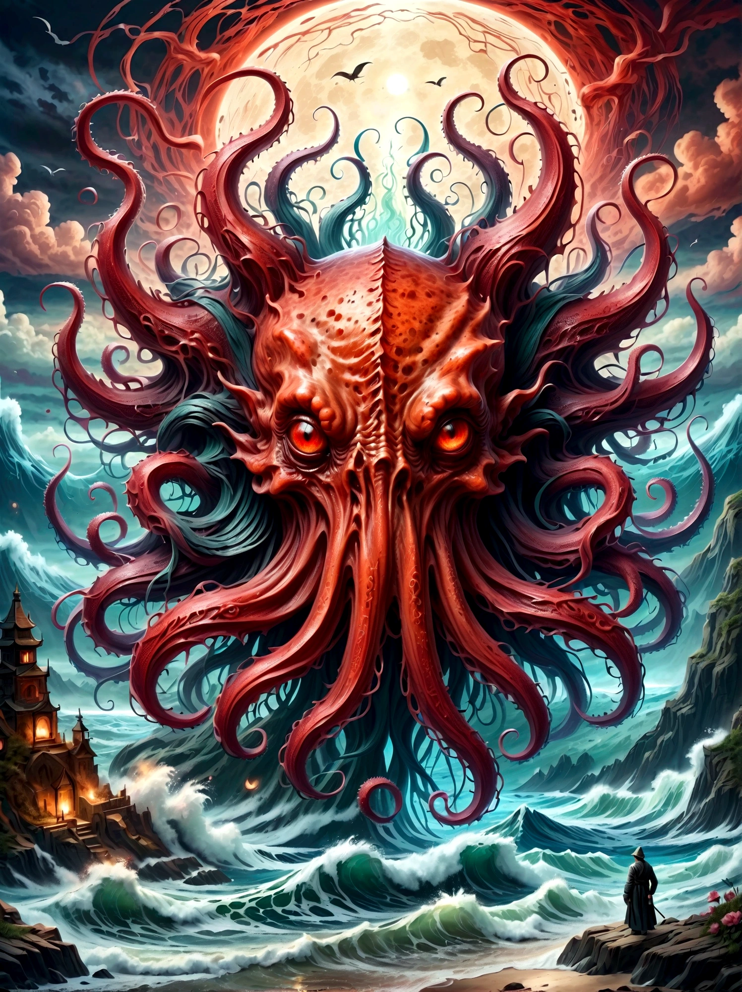 Bloody Cthulhu,Flower of the other shore is charming,Mysterious Manzhu Shahua,hell门口盛开的血色鬼花,Blood-red tentacles guide the souls of the past,charm,Flirtatious,Strange,Gothic style,hell,Fantastic Creatures,Devilish scenery,Unforgettable environment,hell般的气氛,Wonderful lighting,Vibrant colors,Surrealism,Distorted anatomy,Nightmare Creatures,Glowing eyes,Strange形状