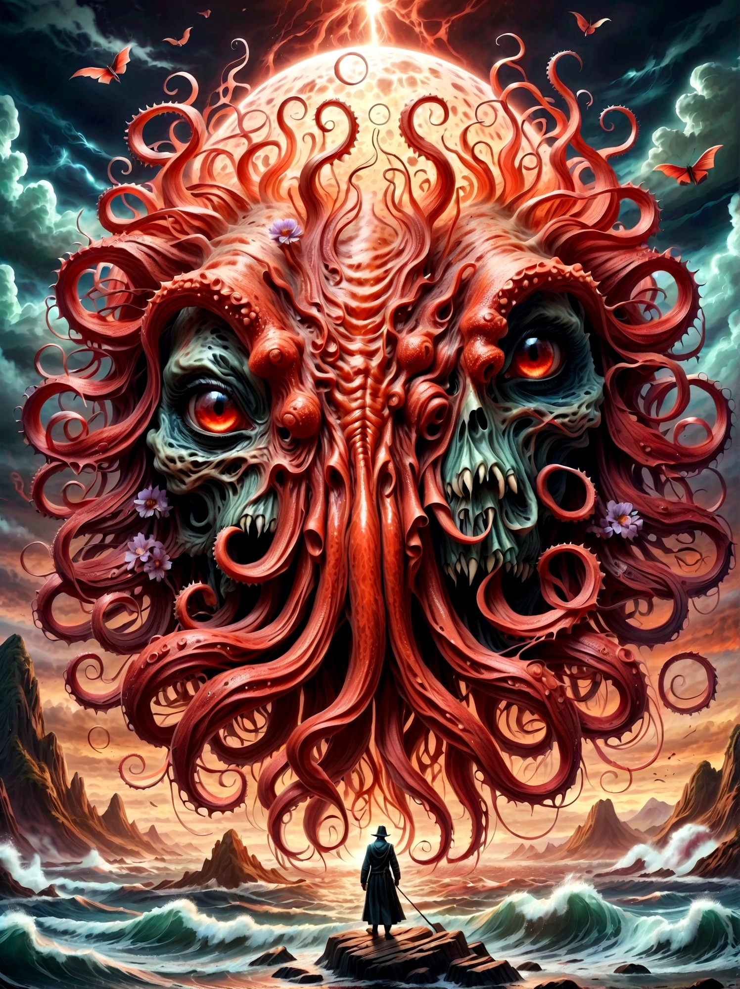 Bloody Cthulhu,Flower of the other shore is charming,Mysterious Manzhu Shahua,hell门口盛开的血色鬼花,Blood-red tentacles guide the souls of the past,charm,Flirtatious,Strange,Gothic style,hell,Fantastic Creatures,Devilish scenery,Unforgettable environment,hell般的气氛,Wonderful lighting,Vibrant colors,Surrealism,Distorted anatomy,Nightmare Creatures,Glowing eyes,Strange形状