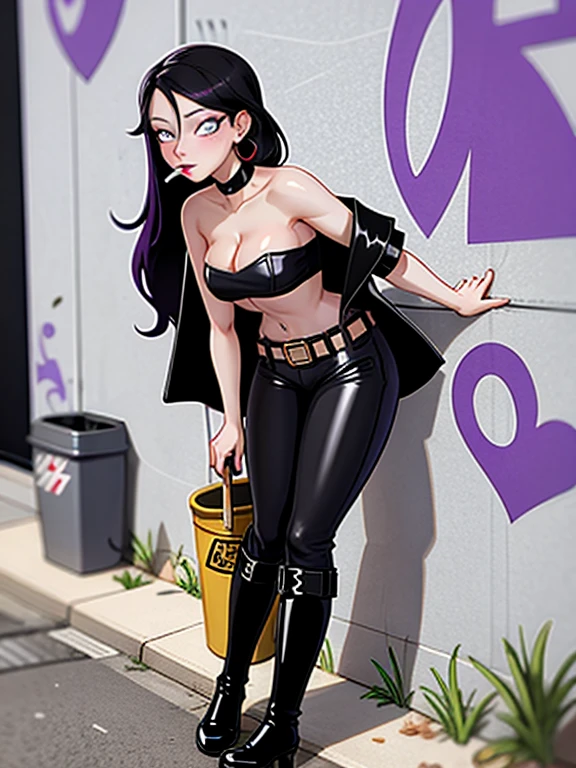 1girl, alone, a 28-year-old woman, Narrow Hips, Heart Face, perfect eyes, Pale Skin, Black hair with purple highlights, Purple Eyes, Snub Nose, Pouty Lips, Prominent Chin, Long Hair, Wavy Hair, big breasts, purple lipstick, ((Wearing: Black opened jacket, Strapless leather top, tight black pants, belt and leather boots:1.2)), cleavage, midriff, she's looking at the camera with an inexpressive look, she's smoking a cigarette, Graffiti Alley, Trash Can, she's leaning up against a wall.