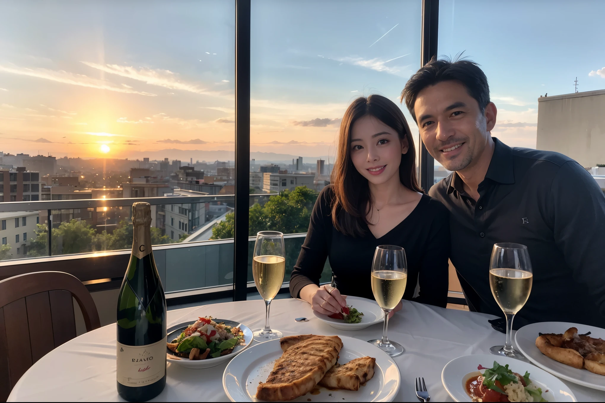 ((highest quality、8k、masterpiece:1.3))、1 male、1 female、A lover who resembles Satomi Ishihara、Beautiful couple、smile、full-course dinner、 (Slim face), (the body is スリム), (Brown Hair), (short hair), テーブルの上のwine glass、Please shine a light on my face、 Amazing view of the sunset sky and clouds、 (43 years old), 50 years old, red wine 、Appetizers、Italian food、Wine bottle、Champagne、sparkling wine、Long sleeve shirt、dress、White wine, red wine, wine glass, 