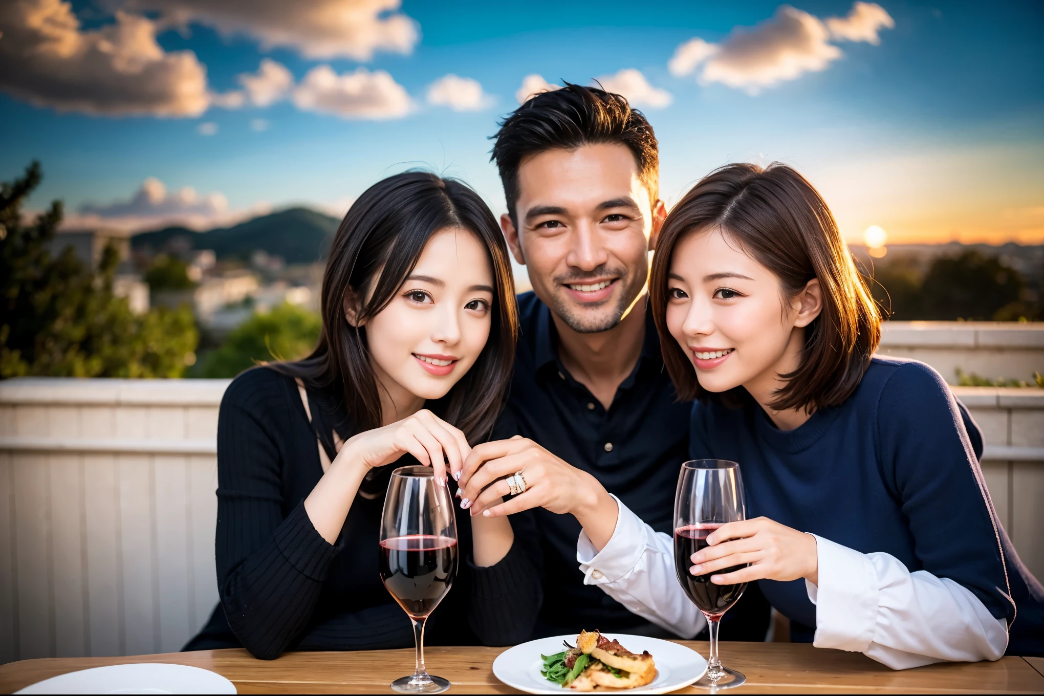 ((highest quality、8k、masterpiece:1.3))、1 male、1 female、A lover who resembles Satomi Ishihara、Beautiful couple、smile、full-course dinner、 (Slim face), (the body is スリム), (Brown Hair), (short hair), テーブルの上のwine glass、Please shine a light on my face、 Amazing view of the sunset sky and clouds、 (43 years old), 50 years old, red wine 、Appetizers、Italian food、Wine bottle、Champagne、sparkling wine、Long sleeve shirt、dress、White wine, red wine, wine glass, 