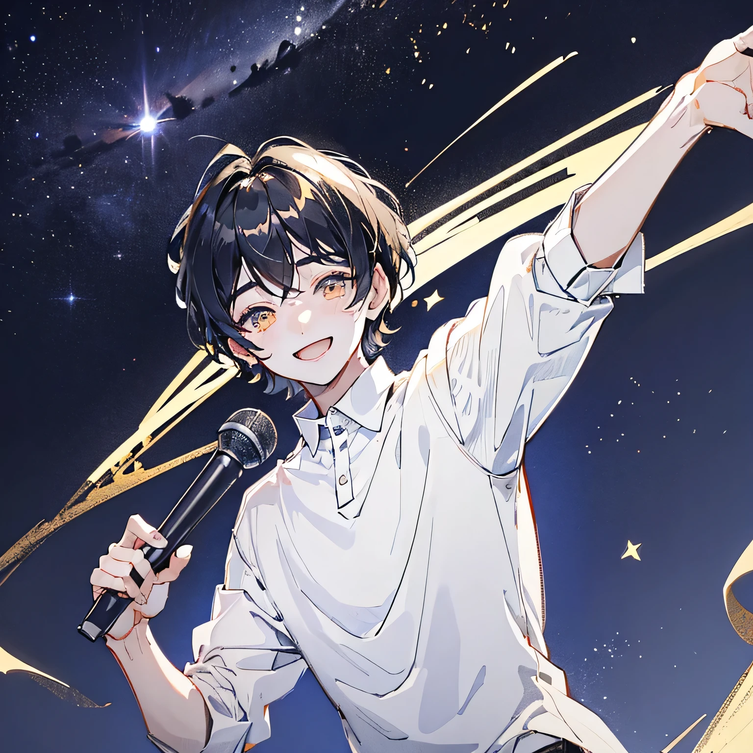 One boy、Holding a handheld microphone、Black Hair、The bangs are parted in the center、Golden Eyes、A cheerful smile、Plain white shirt with a collar、The background is a starry sky、Around 28 years old