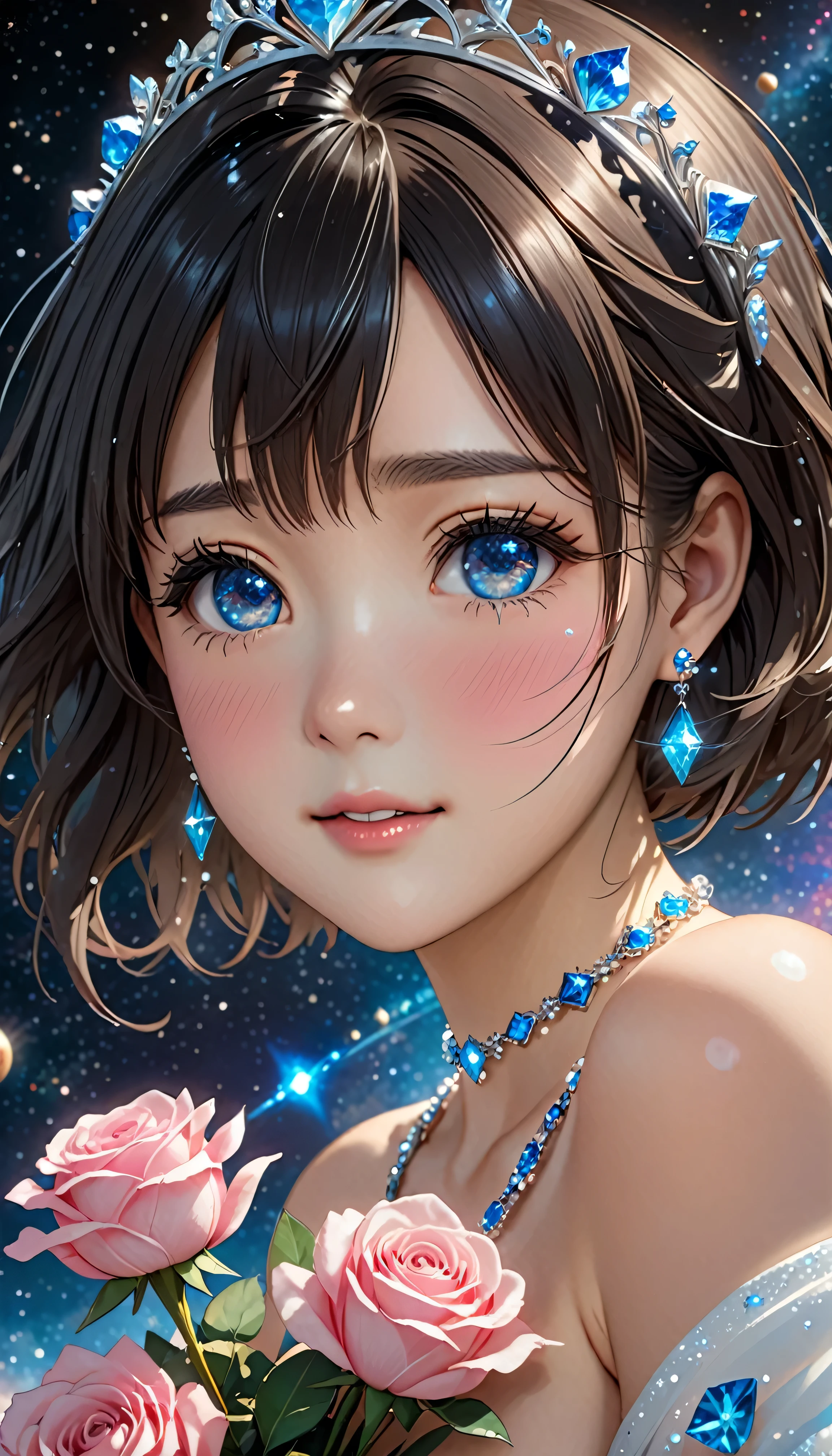 National Science Foundation,masterpiece,High resolution,8K,Art,digit,Three-dimensional,Realism,Kyoto Animation Style,your name movie style,cute,baby face,look into camera,The vast universe galaxy planet background,(1 female: 1.3),(alone: 1.4),(Upper body nudity),Gorgeous blue crystal tiara,Blue crystal necklace,Sapphire crystal earrings,Blue crystal ring,Hand holding bouquet of pink roses,Long eyelashes,Long thin legs,Short Bob,Close-up of upper body,Close-up,Close up,Eyes as deep as the starry sky,blush,shy,Crying because of happiness