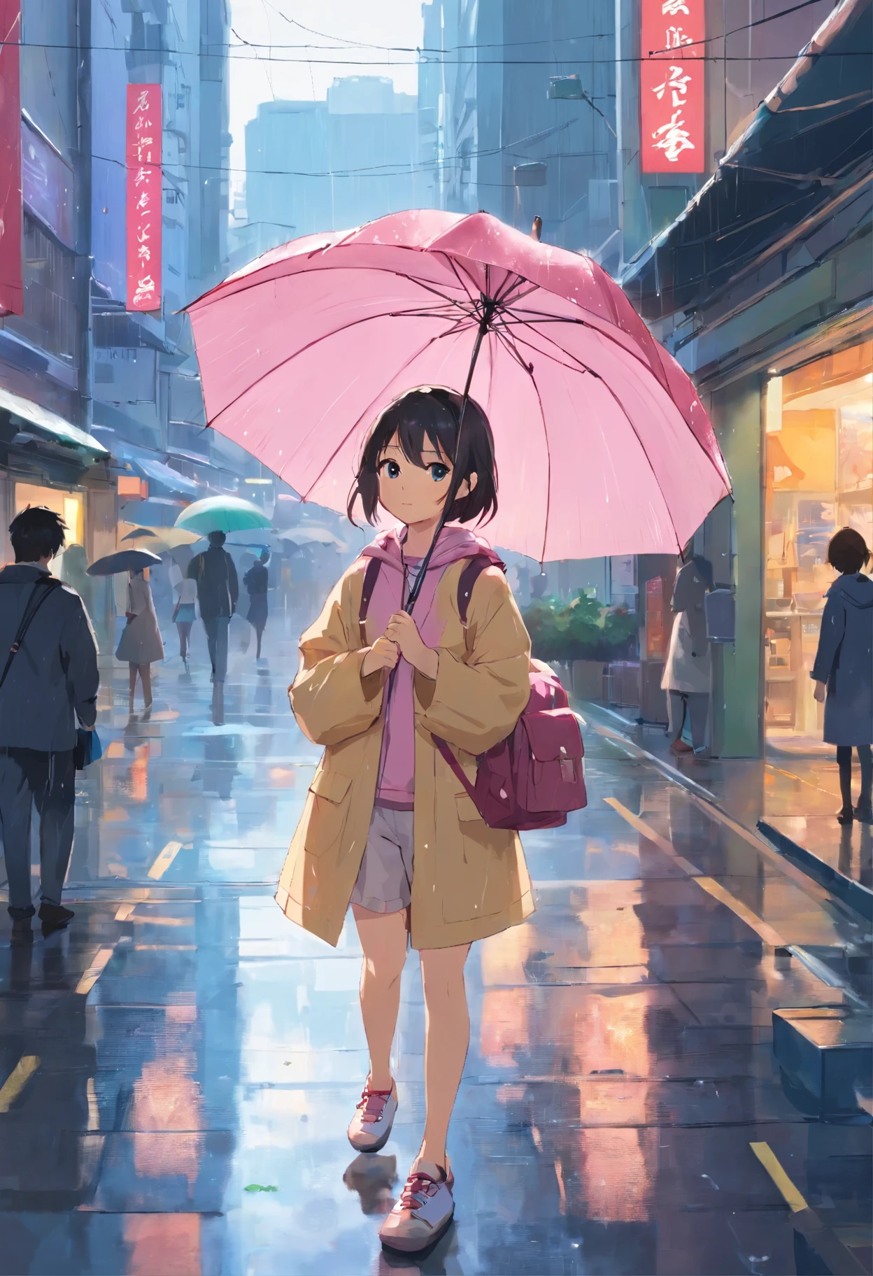 I see a young girl,She was wearing shorts and a pink top.,Carry a small bag,Thin hair fluttering in the wind。She has a beautiful face,Eyes are clear and bright。 The girl had a special umbrella,This umbrella is transparent,No frills,The surface of the umbrella is wide and rounded。On a crowded street,Her appearance is different。 The street is lined with pedestrians hurrying past.,Wear different costumes,Busy getting things done。Someone rushed to the office,Someone picked up their backpack and hurried off to school.。These people々walked around her,Noise々As if forming a nice background。 but,このNoise々In a new environment,That girl is different。She walked calmly,under the umbrella, She seems to have entered another space。The transparent raindrops on the surface of the umbrella swayed as she moved.,it is水面にきらめく波紋のようだ。 There was no sign of fatigue on the girl's face.,Instead, Exudes calm and solidity。Her eyes reveal inner thought and depth。She may be searching for her own direction.,She may have been thinking about the meaning of life.。 In this photo, A girl holding a transparent umbrella々Walking through the intersection of,it is、It represents a certain solitude and quietness.。,at the same time, it isまた、It depicts an attractive youthful image.。。